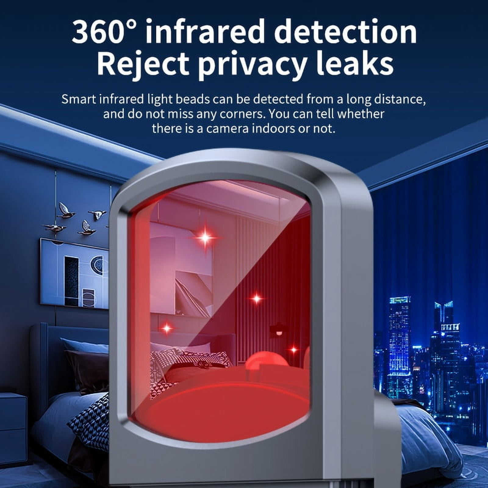 Gerät, das Infrarotlicht erkennt. Szene beinhaltet ein Schlafzimmer und Skyline. Text: 360° Infrarot-Erkennung, Datenschutzverletzungen ablehnen.
