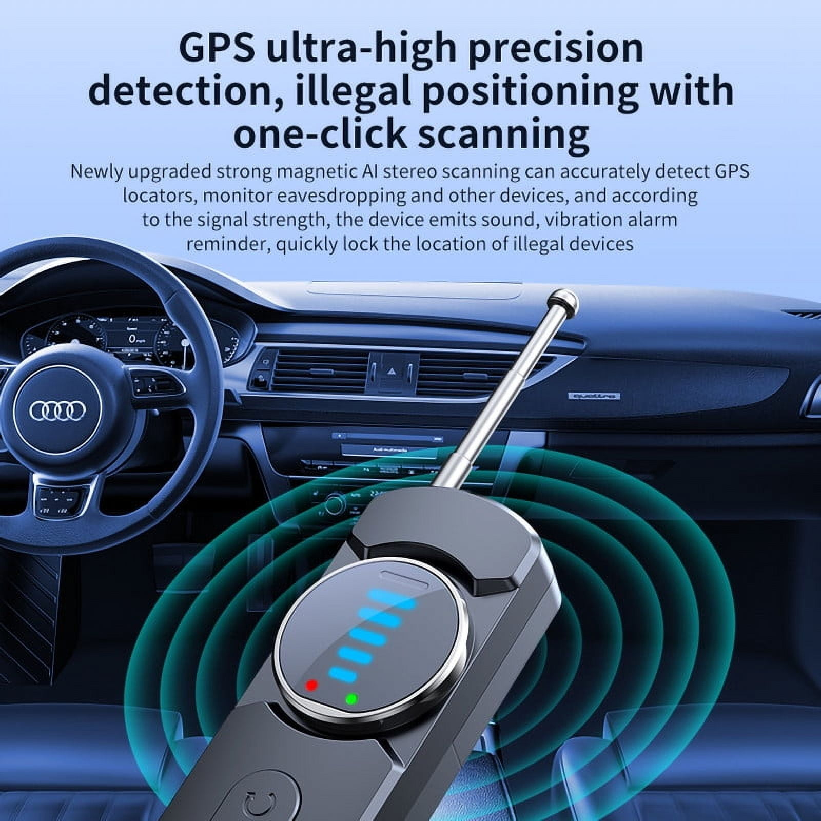 Gerät im Auto, das GPS ortet. Das Gerät hat einen Bildschirm mit Lichtern. Text: GPS-Erkennung und illegale Ortung.