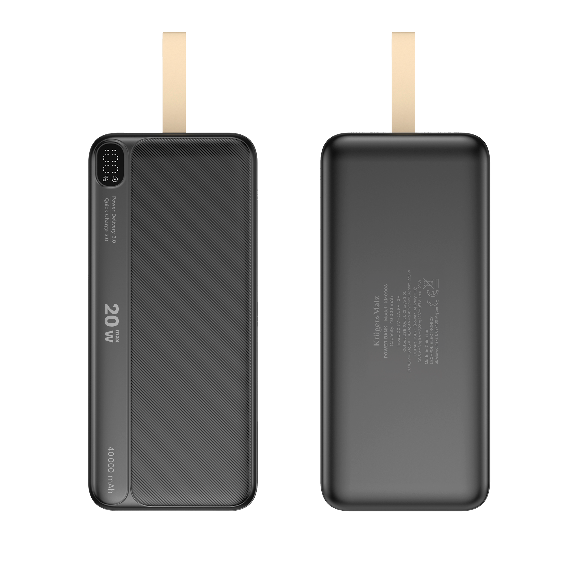 Czarny power bank z teksturowaną powierzchnią. Posiada mały wyświetlacz i markę oraz jasnobeżową pętlę.