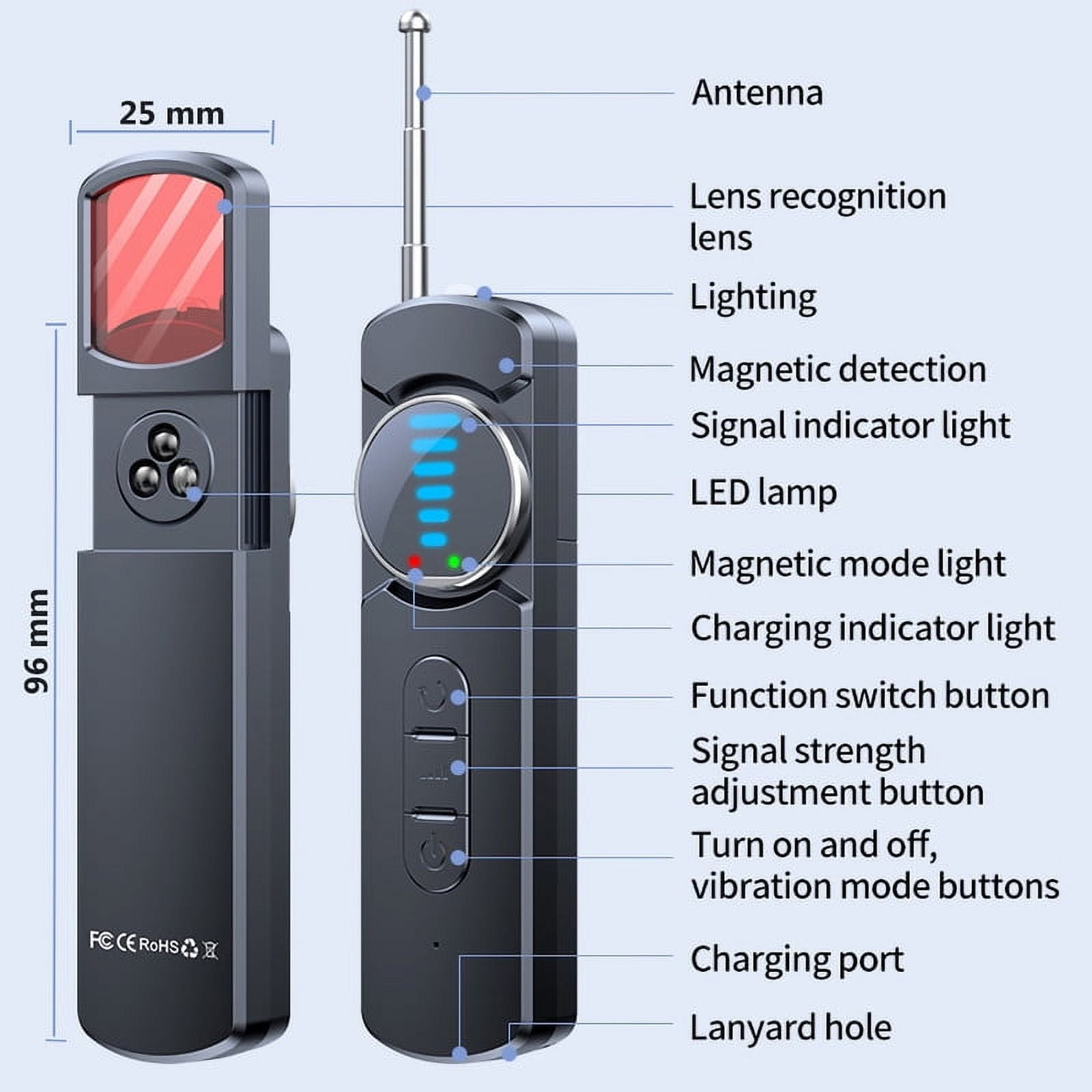 Schwarzes Gerät mit Antenne, roter Linse und blauen Lichtindikatoren. Es hat Knöpfe und ist mit verschiedenen Funktionen beschriftet.