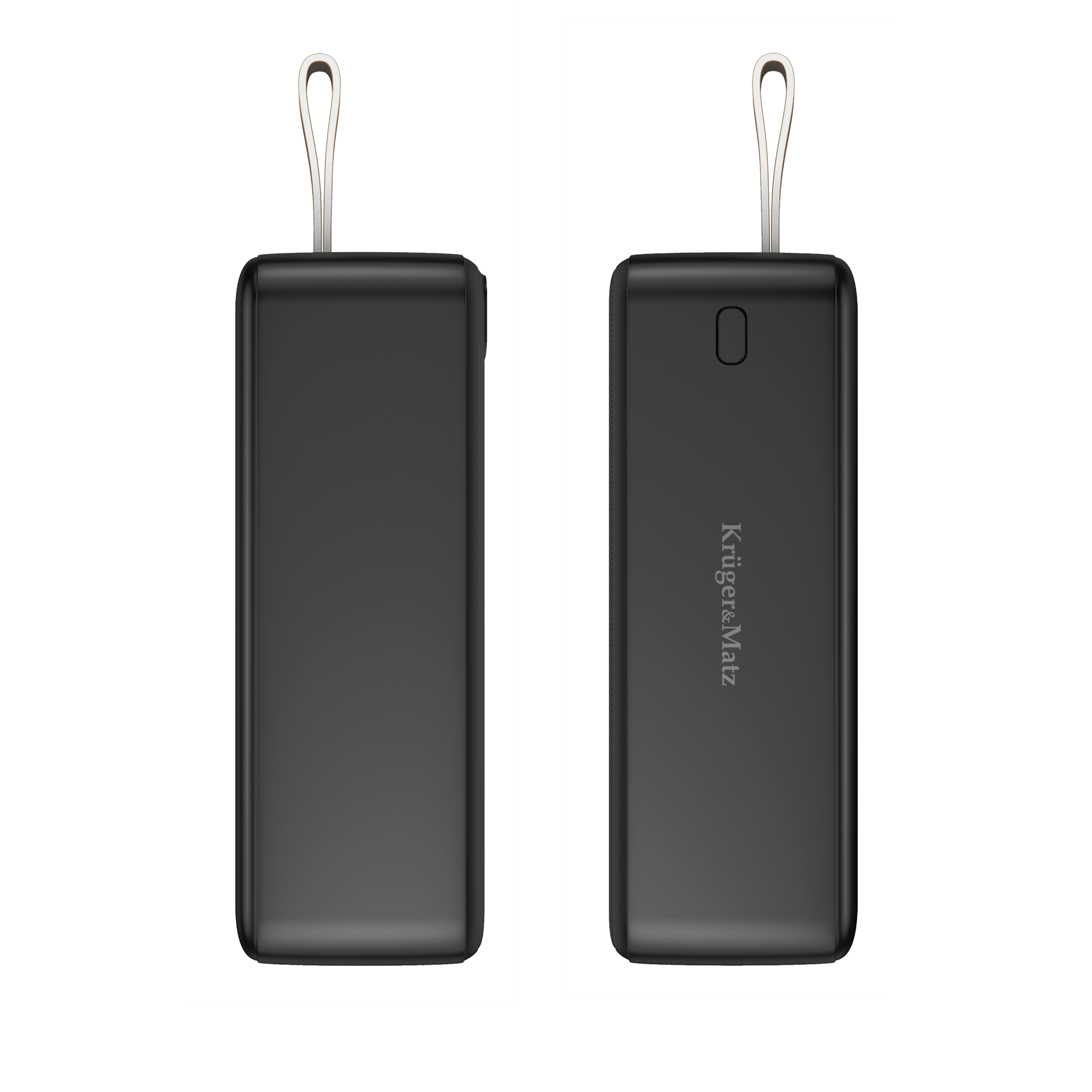 Dwa czarne prostokątne power banki ze srebrnymi pętlami na białym tle. Prawy ma nazwę marki.