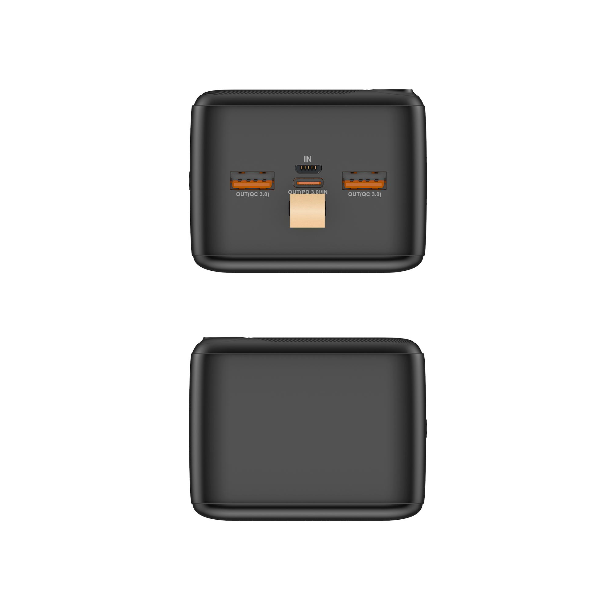 Czarna prostokątna ładowarka z portami wejścia/wyjścia. Porty są oznaczone. Tło jest białe.