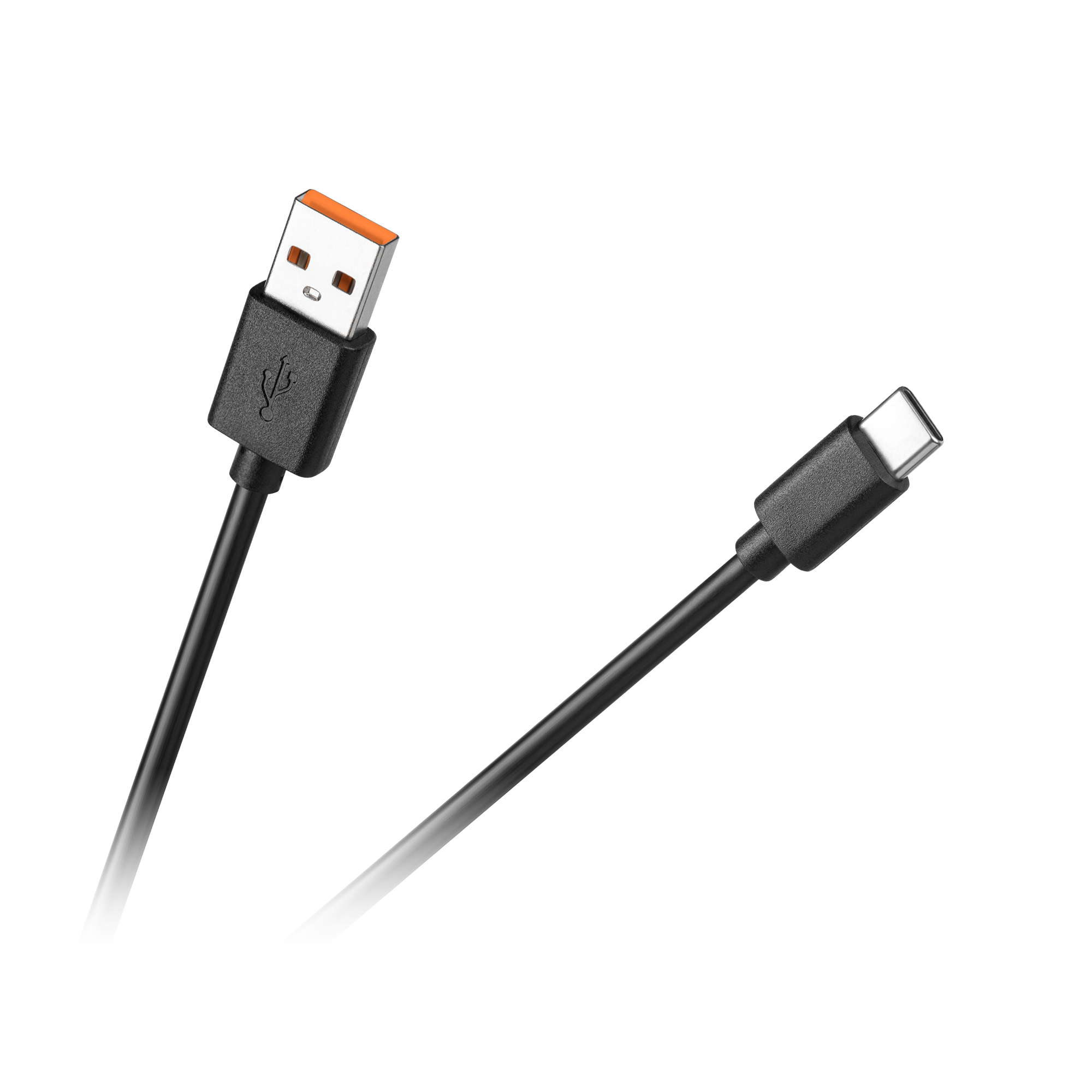 Dwa czarne kable USB na szarym tle. Jeden USB-A z pomarańczowym wnętrzem i złącze USB-C.