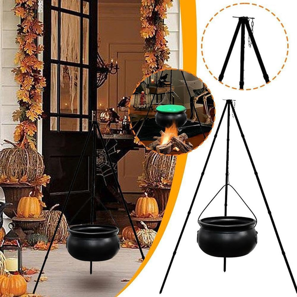 Eine Halloween-Szene mit einem schwarzen Kessel, der an einem Dreibein hängt. Kürbisse und Herbstblätter schmücken den Eingang.