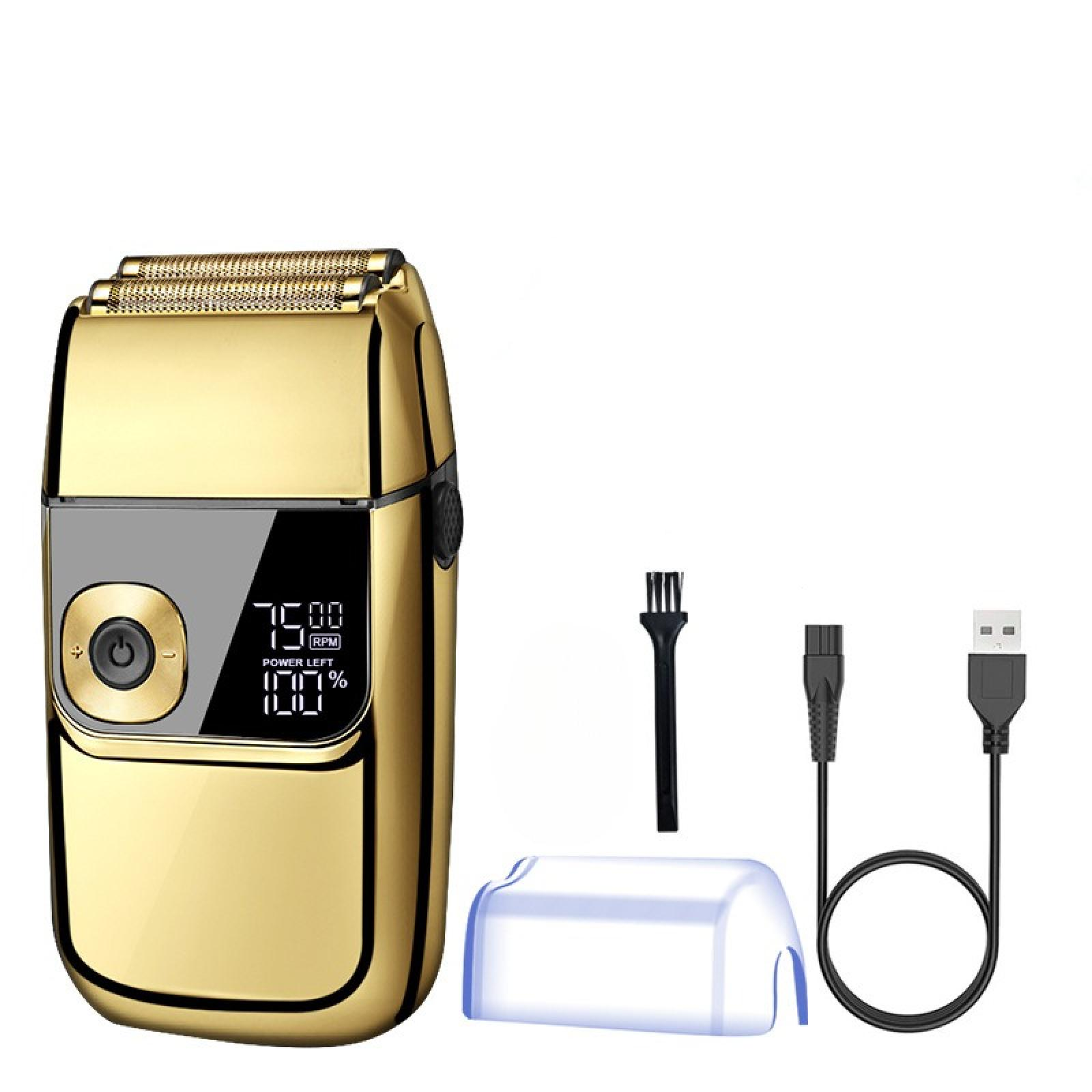 Ein goldener Elektrorasierer, Zubehör und ein USB-Kabel auf weißem Hintergrund. Der Rasierer zeigt RPM und Akkustand an.