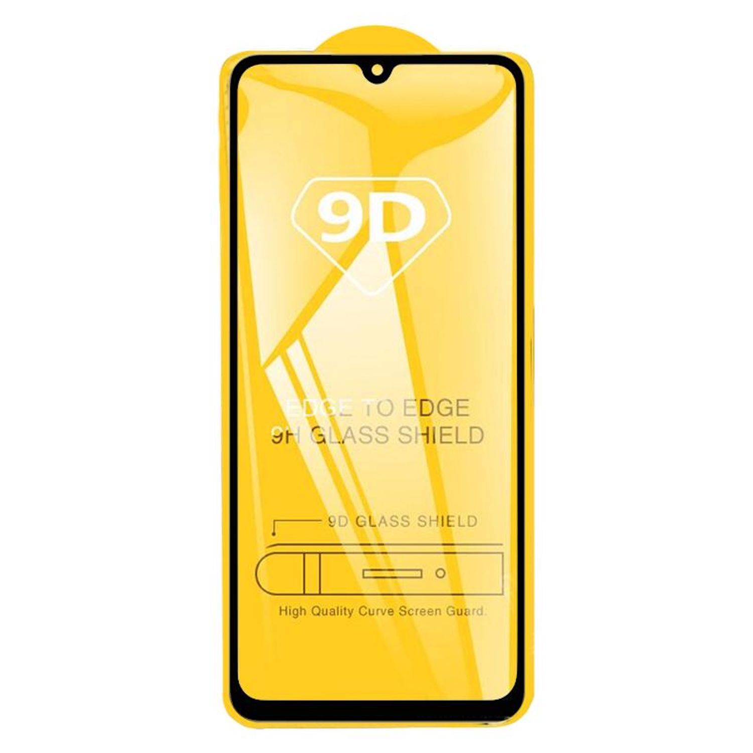 Un proteggi schermo giallo per telefono. Contiene il testo "9D", "Edge to Edge" e "9H Glass Shield". La parte inferiore recita "High Quality Curve Screen Guard".