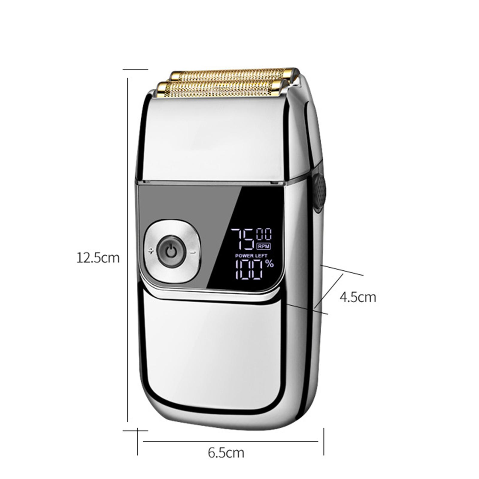 Silberner Elektrorasierer mit goldfarbenem Folienkopf, Digitalanzeige und Power-Taste, Abmessungen in cm.