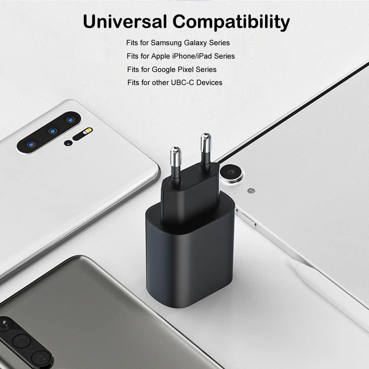 Ein schwarzes Ladegerät steht im Mittelpunkt, umgeben von Telefonen und einem Tablet. Der Text oben lautet "Universelle Kompatibilität".