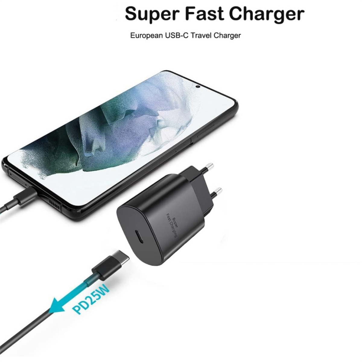 Ein schwarzes Telefon ist mit einem Ladegerät verbunden. Ein schwarzes Ladegerät mit europäischem Stecker neben einem USB-C-Kabel. Der Text lautet 'Super Fast Charger'.