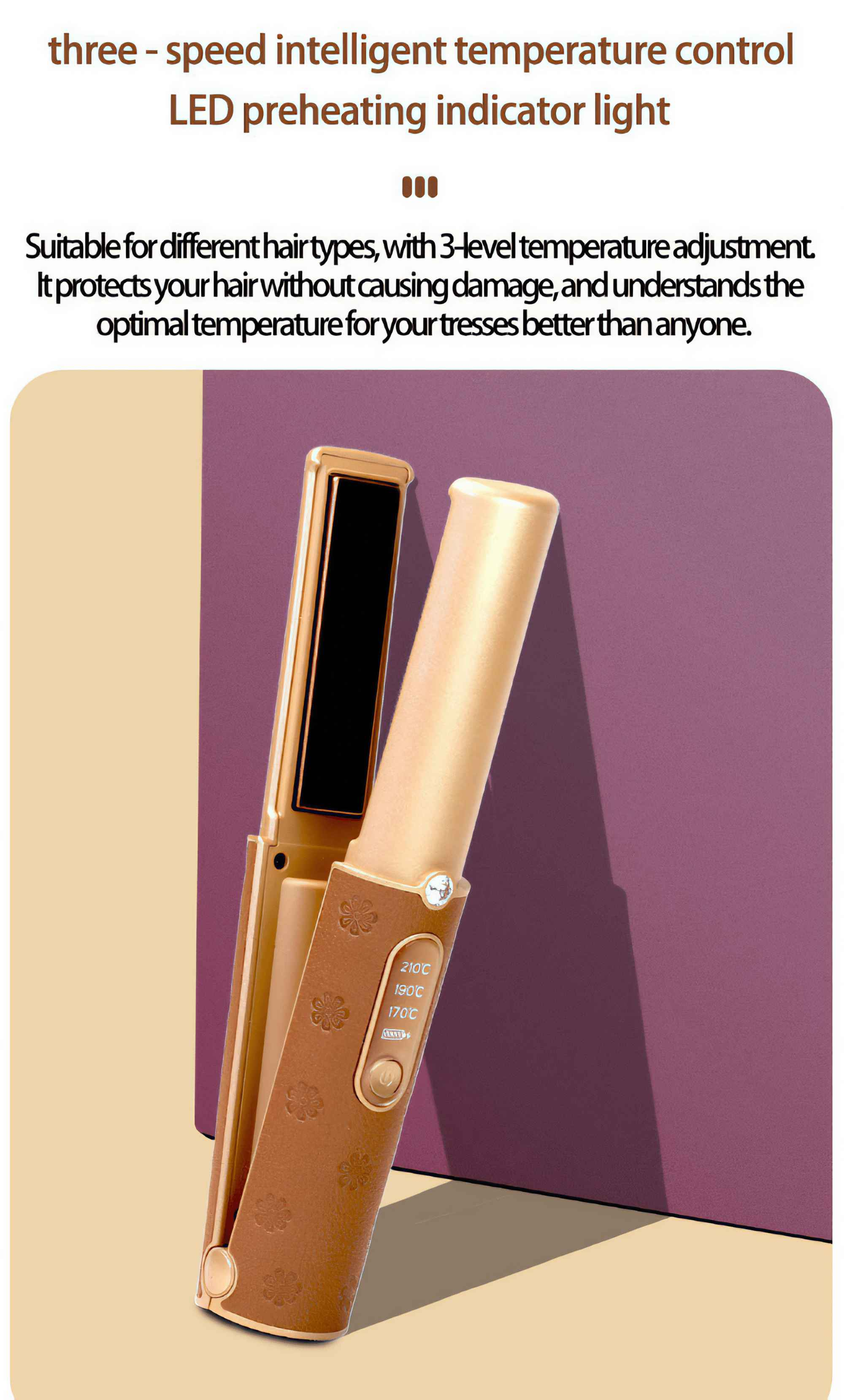 Goldener Haarglätter mit Temperatureinstellungen. Brauner Körper mit Blumen und Temperaturanzeigen. Lila und beige Hintergrund.