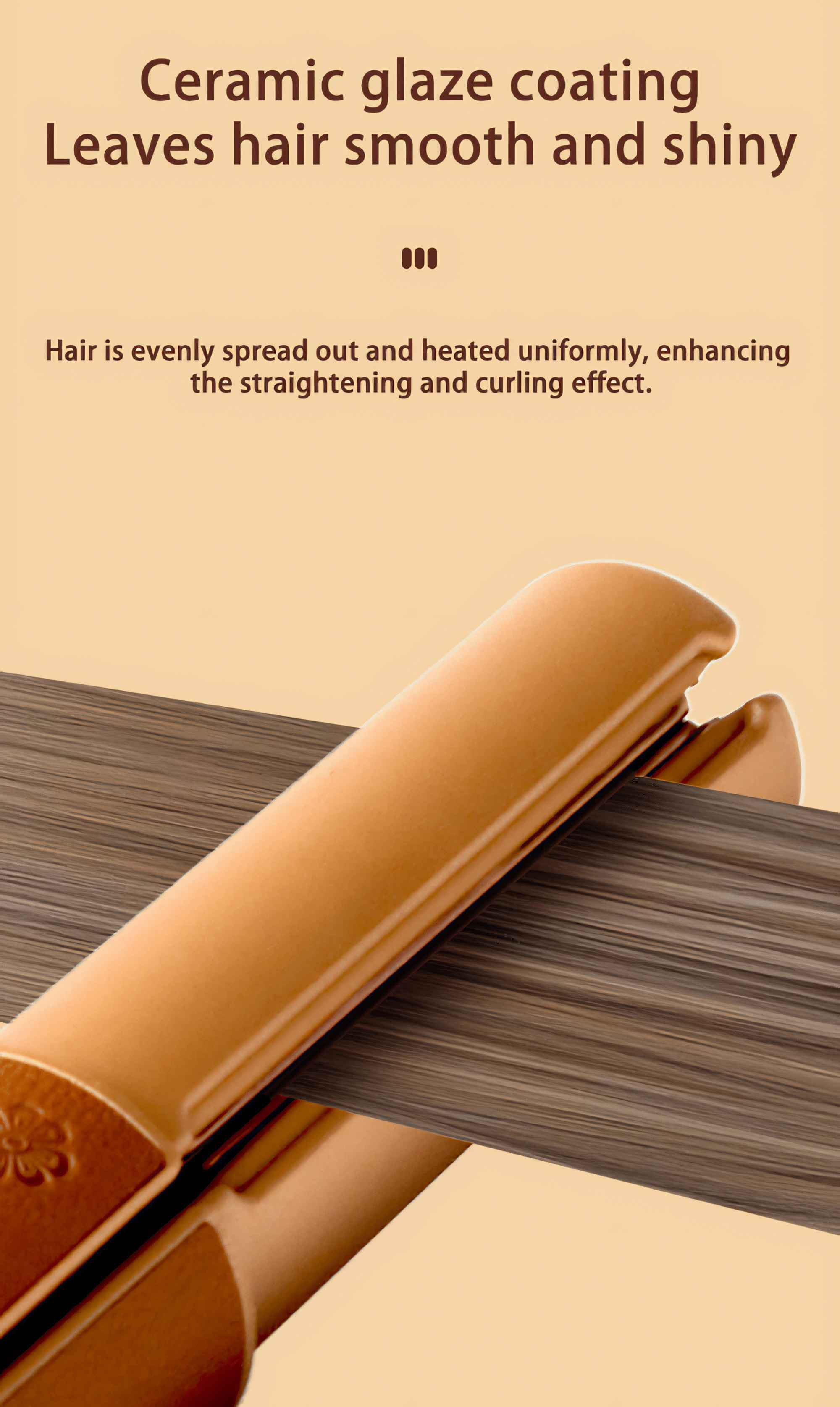 Ein Haarglätter mit Keramikbeschichtung, der das Haar glättet. Haare liegen zwischen den Platten. Der Hintergrund ist hellbraun.