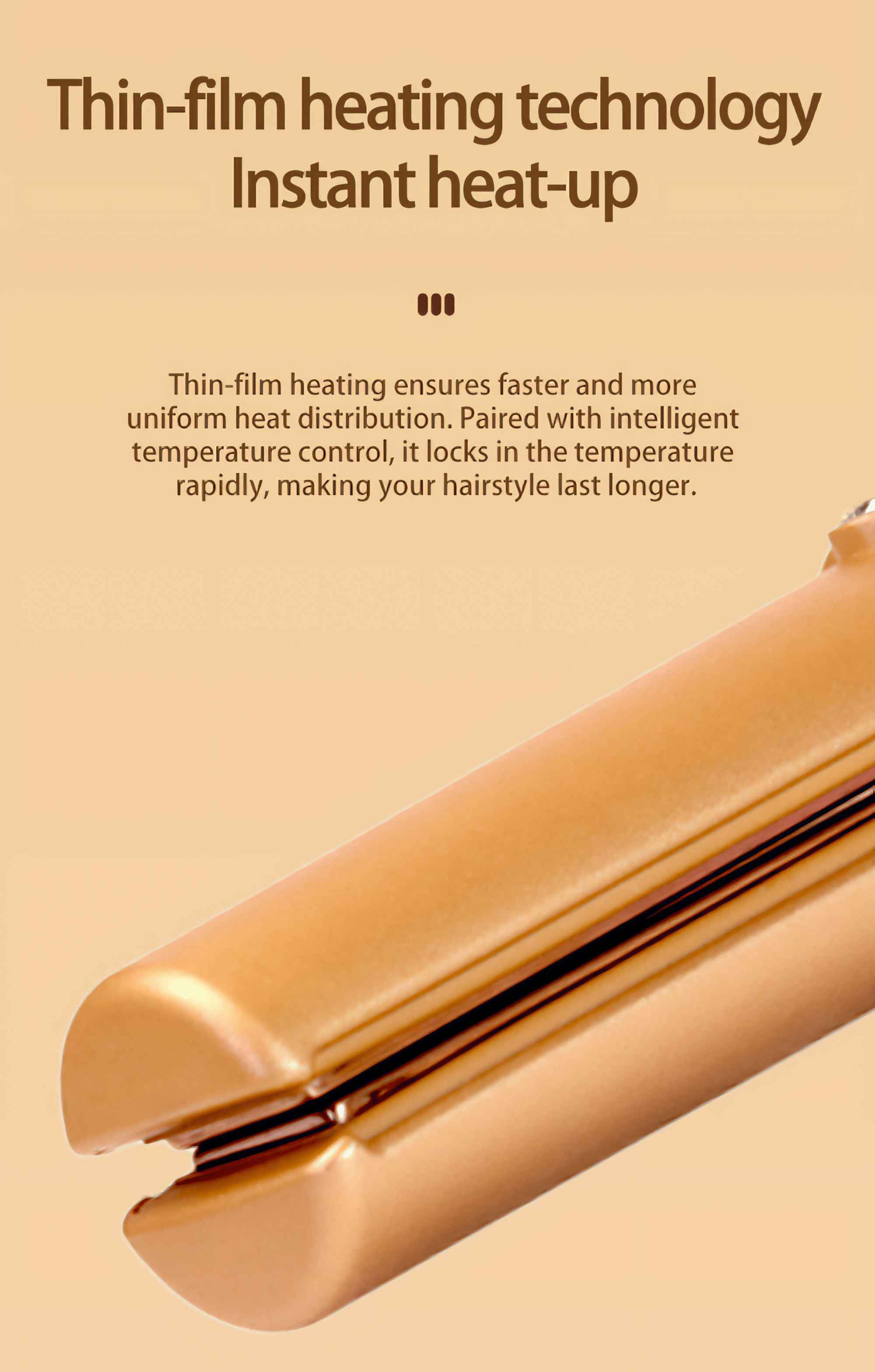 Goldenes Haarglätteisen schräg nach rechts. Oben steht 'Dünnschicht-Heiztechnologie Sofortiges Aufheizen'.