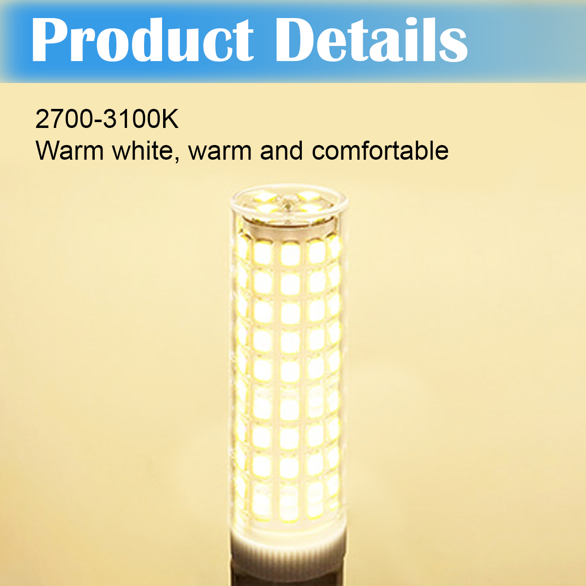Eine zylindrische Glühbirne mit vielen kleinen LED-Leuchten im Inneren. Der Text oben lautet 'Produktdetails'. Der Hintergrund ist ein gelber Farbverlauf.