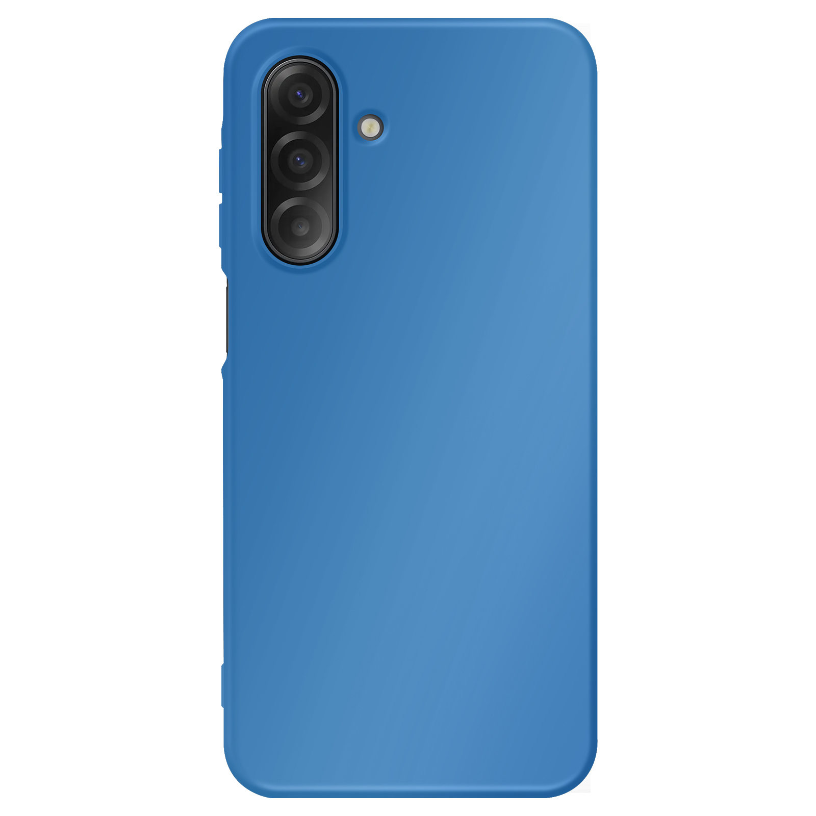 Une coque de téléphone bleue avec trois objectifs et un flash sur fond blanc.