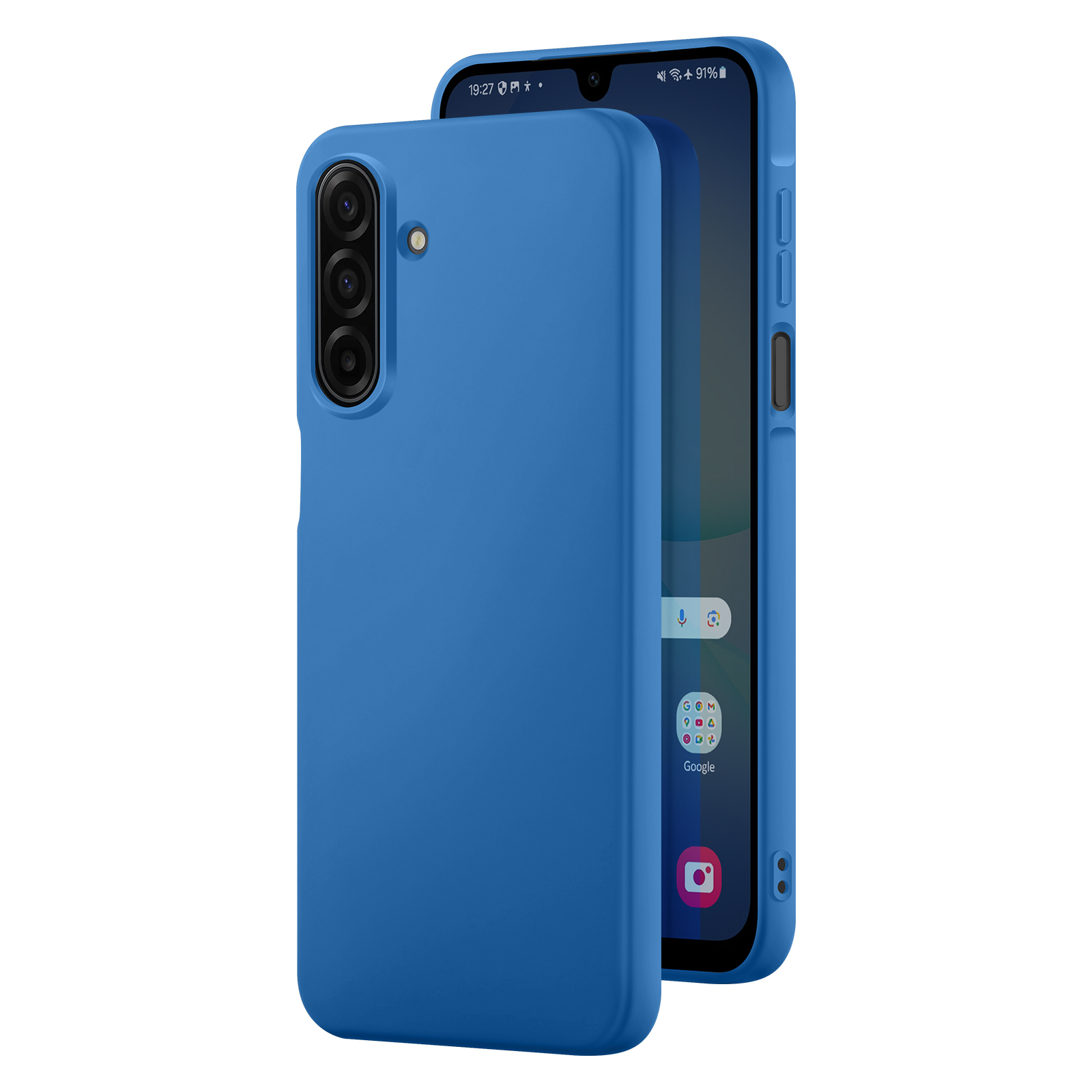 Un téléphone bleu avec un étui bleu est affiché. L'écran du téléphone est visible, affichant l'heure et les applications.
