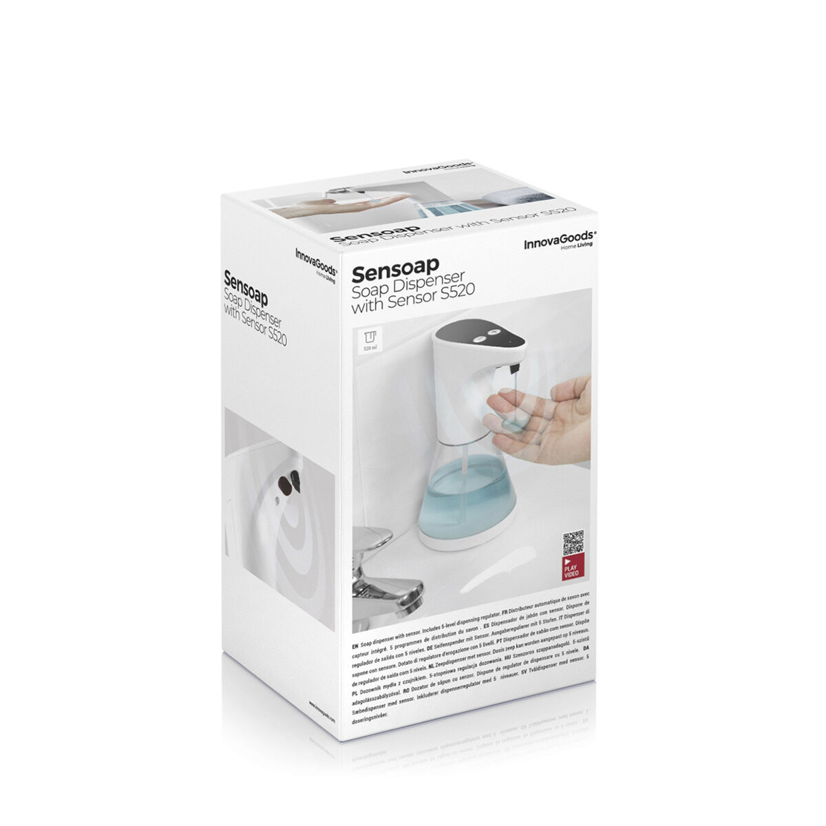 Eine weiße Box zeigt einen Seifenspender mit Sensor. Eine Hand befindet sich unter dem Spender. Der Text lautet 'Sensoap'.