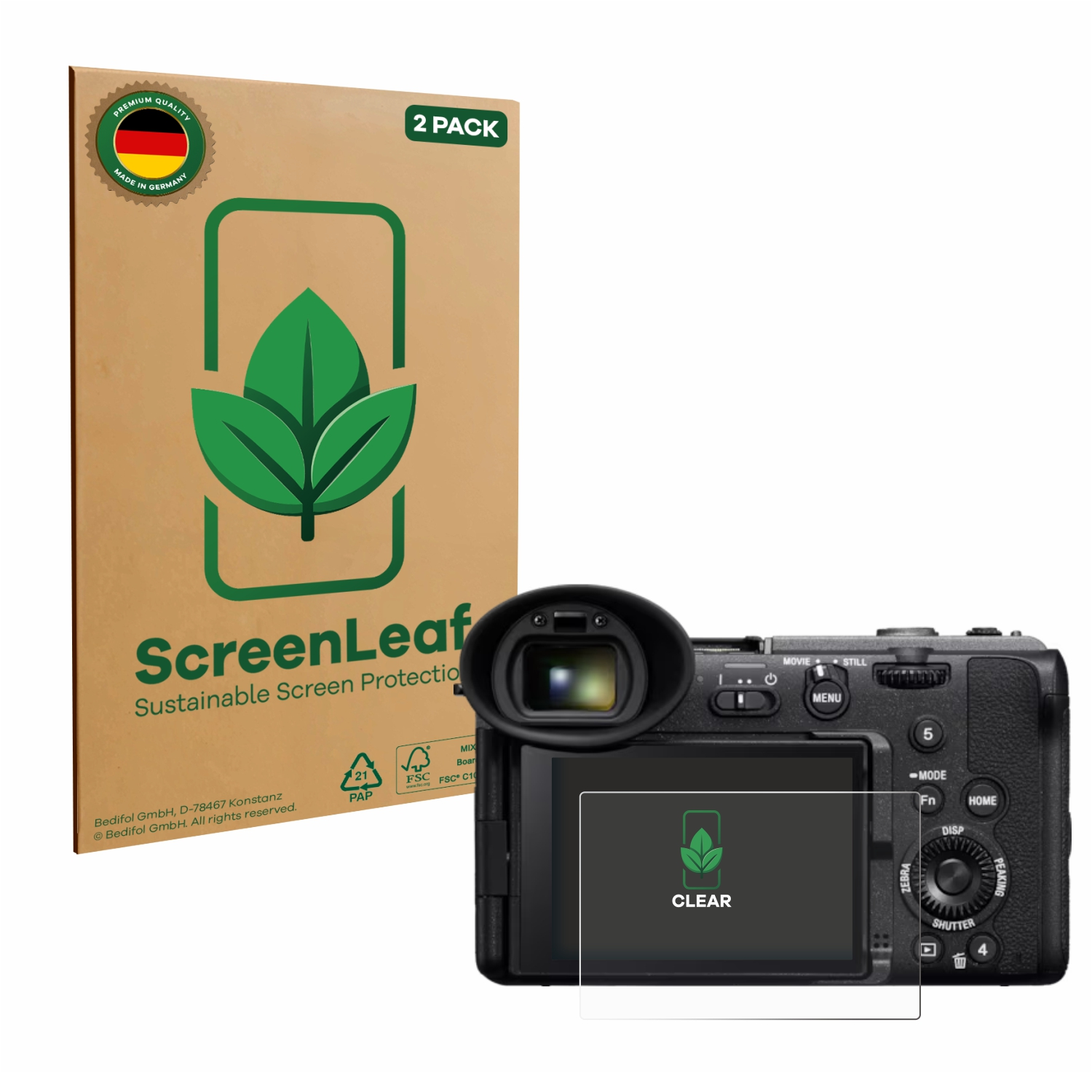 Kamera mit aufgebrachter Displayschutzfolie neben einer ScreenLeaf-Box. Der Bildschirm zeigt ein Blattsymbol und 'CLEAR'.