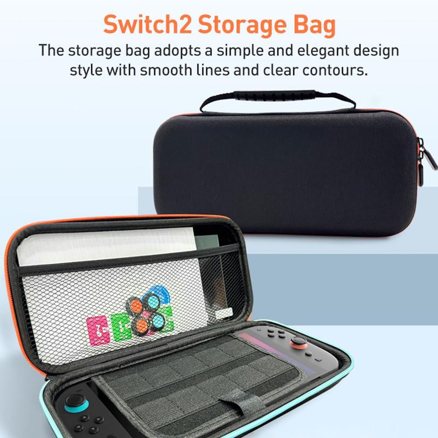 Zwei schwarze Switch-Aufbewahrungstaschen, eine offen mit Inhalt: Switch, Spielkarten und Zubehör. Orange und blaue Akzente sind sichtbar.