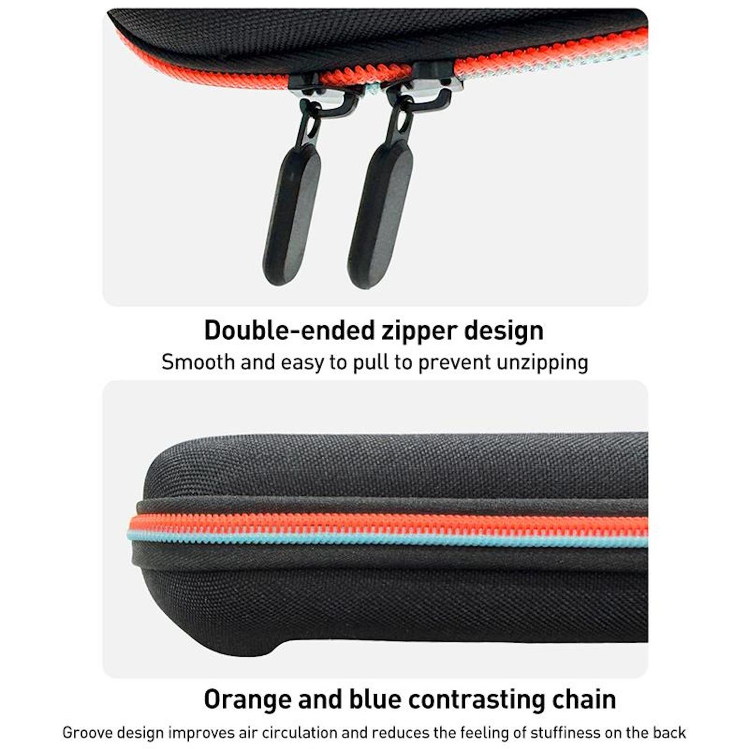 Schwarzes Etui mit doppelseitigem Reißverschluss, orangefarbener und blauer Kontrastkette. Text: Doppelseitiges Reißverschlussdesign, orangefarbene und blaue Kontrastkette.
