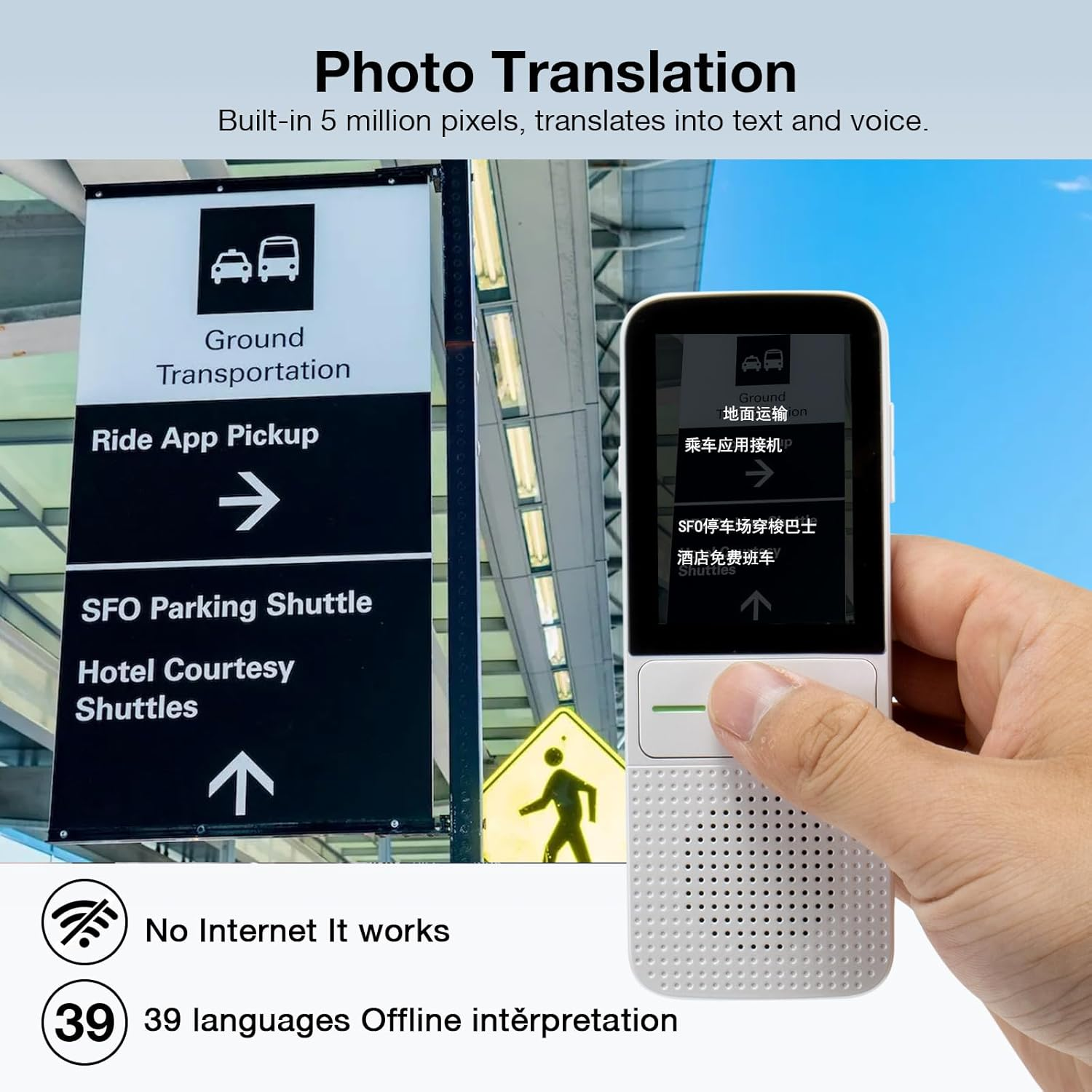 Eine Person hält ein Übersetzungsgerät. Schilder weisen auf Bodentransport, App-Abholung, Park-Shuttle und Hotel-Shuttles hin.