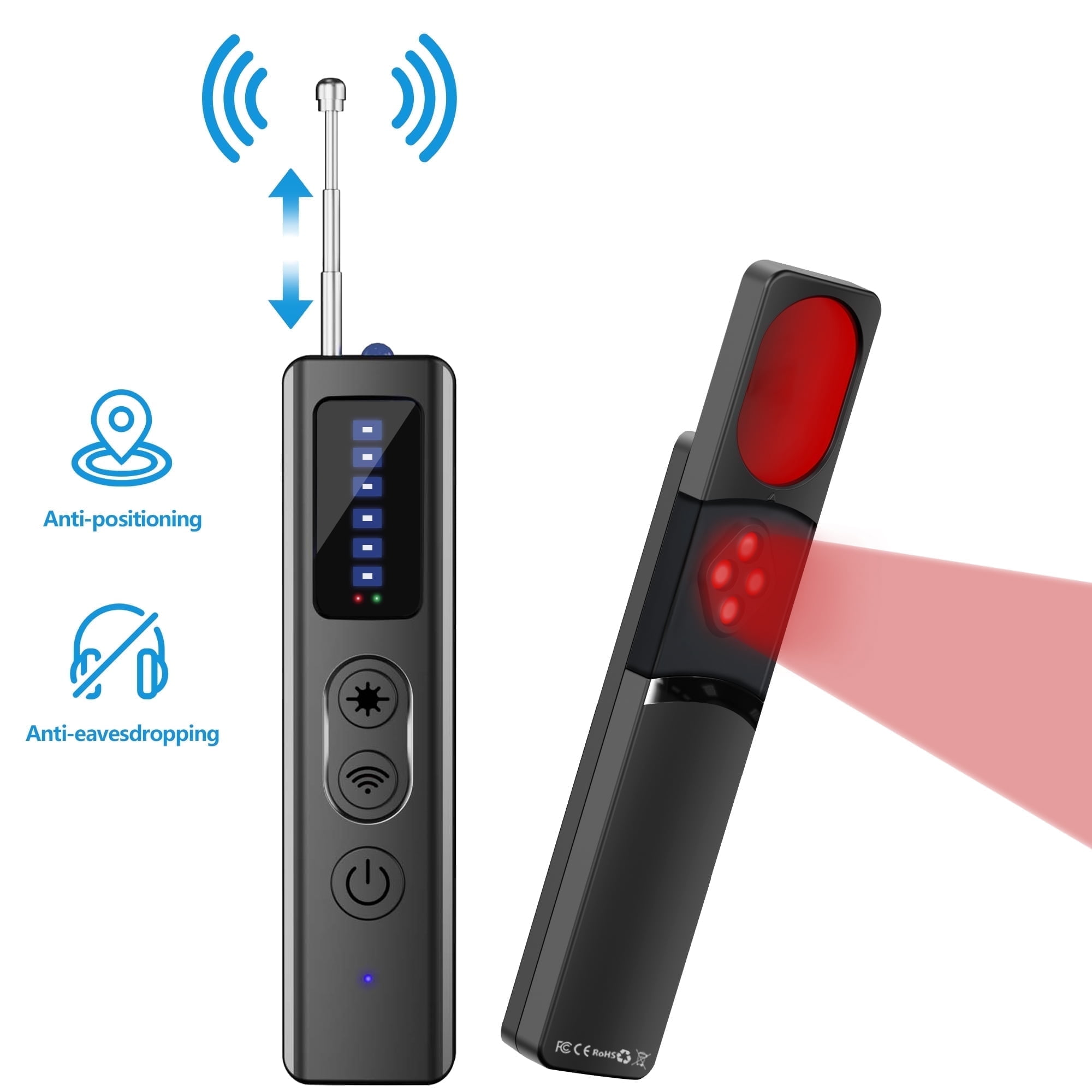 Das Bild zeigt zwei schwarze Geräte. Eines hat eine Antenne, das andere sendet einen roten Strahl aus. Symbole für Anti-Positionierung und Anti-Lauschangriff sind vorhanden.