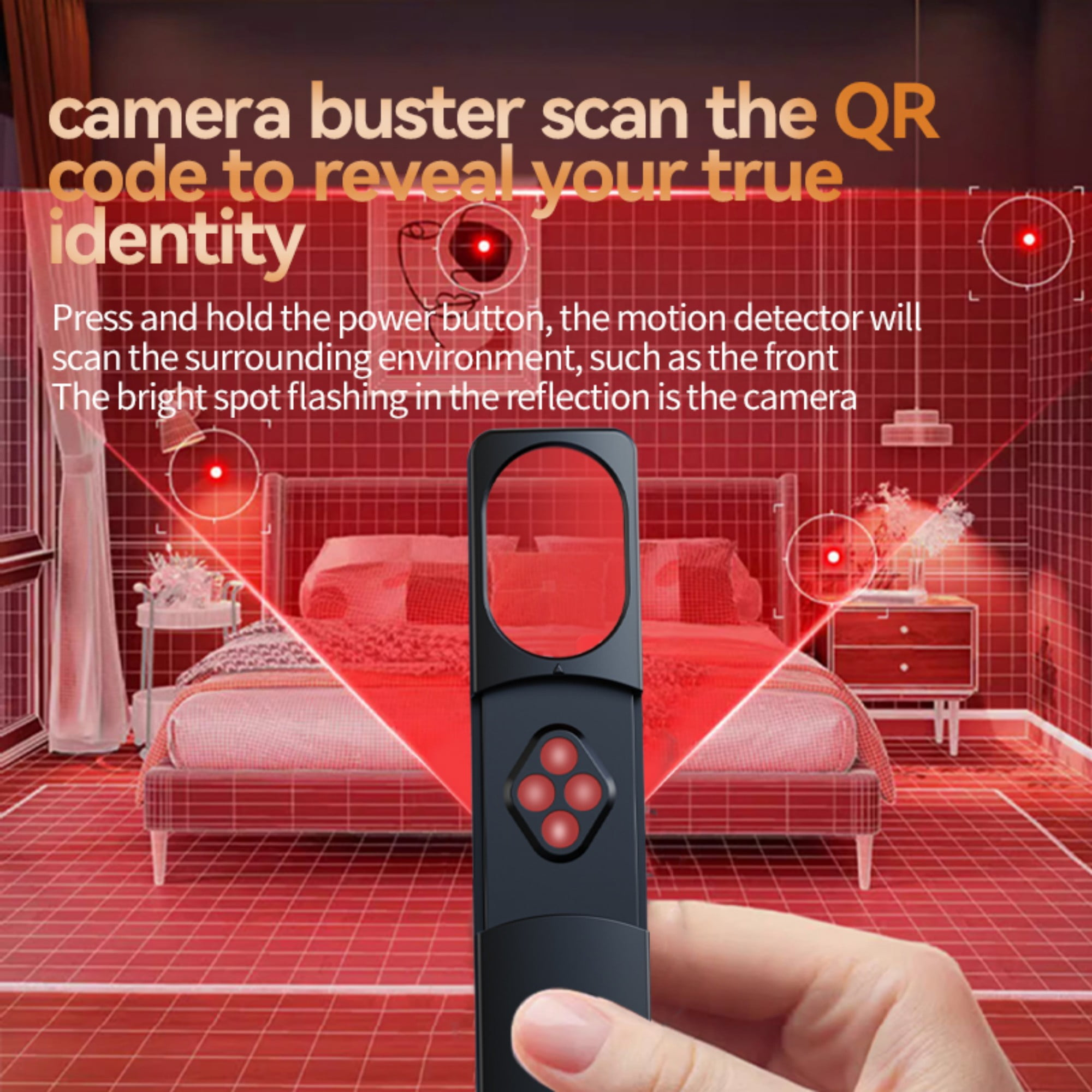Eine Hand hält ein schwarzes Gerät. Rote Laserstrahlen scannen einen rot gerasterten Raum mit einem Bett. Text lautet: 'Kamera-Buster scannt QR-Code'.