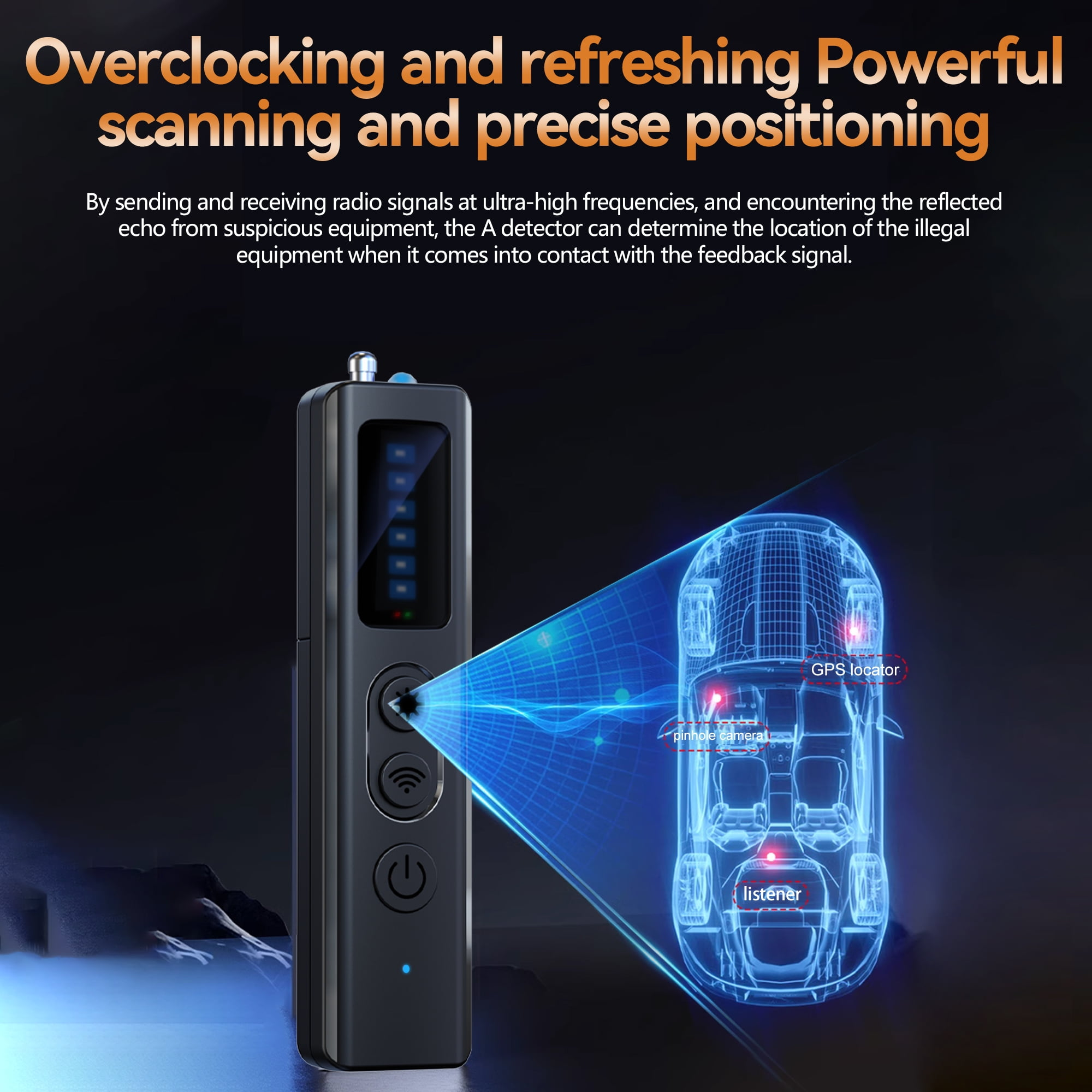 Ein schwarzer Detektor sendet einen blauen Strahl auf eine Auto-Umrisszeichnung. Der Text umfasst "Overclocking" und "GPS-Ortung."