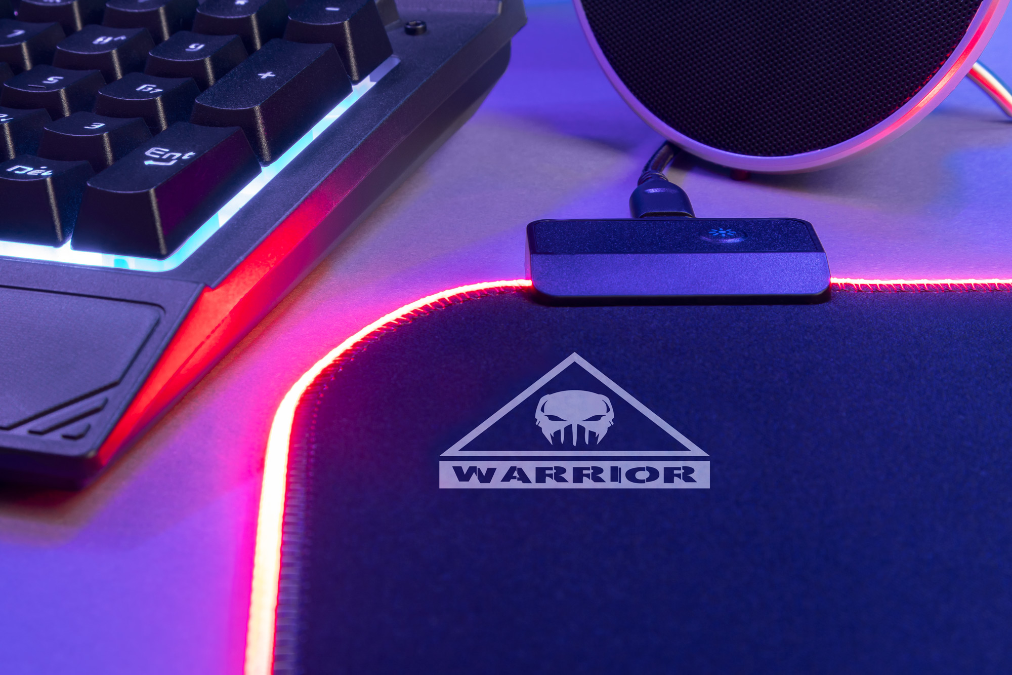 Konfiguracja do gier. Klawiatura, podkładka pod mysz z logo, głośnik i jednostka sterująca. Wszystko z podświetleniem RGB.