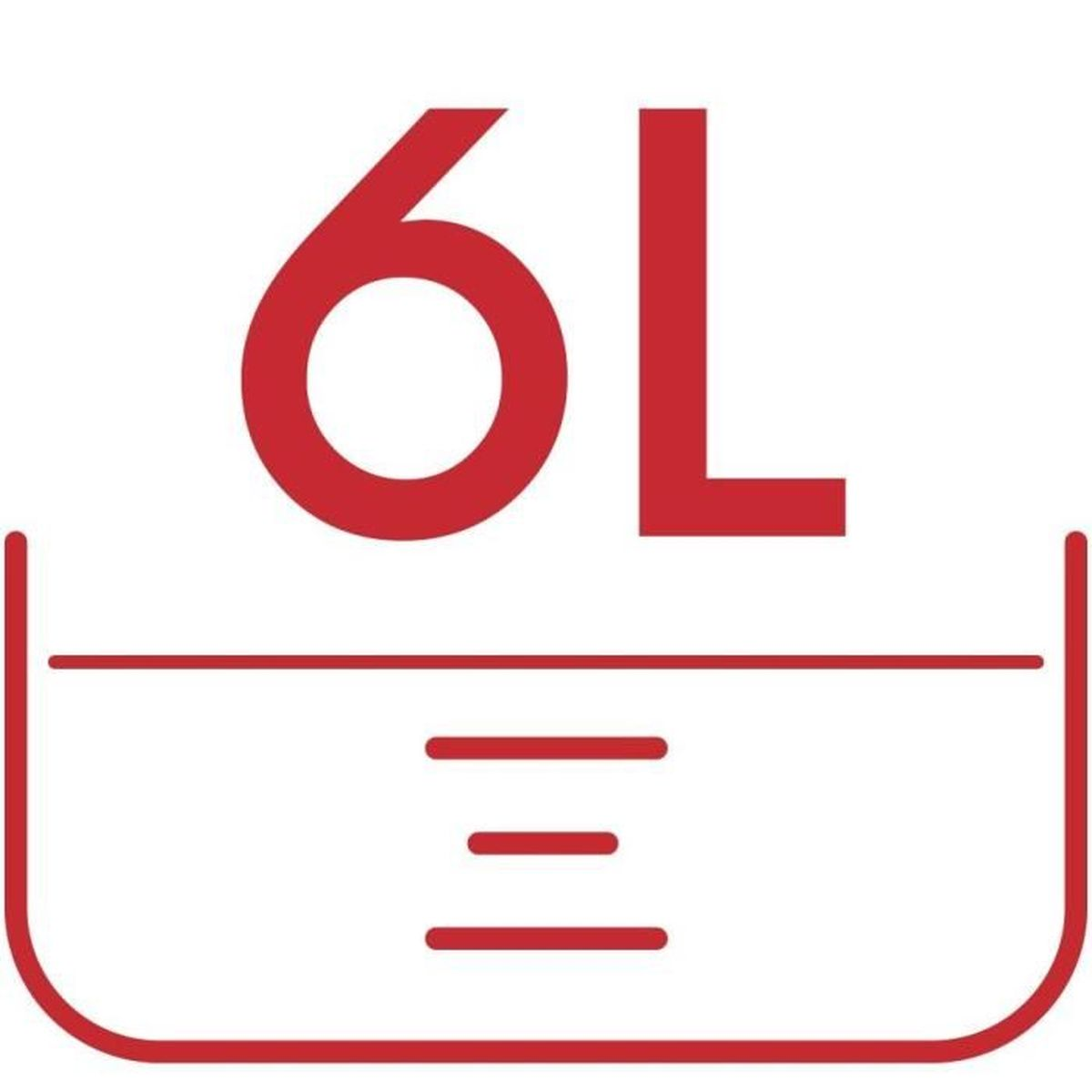 Rote Grafik zeigt '6L' über einem Behälter mit drei horizontalen Linien. Der Behälter ist rot, alles auf weißem Hintergrund.