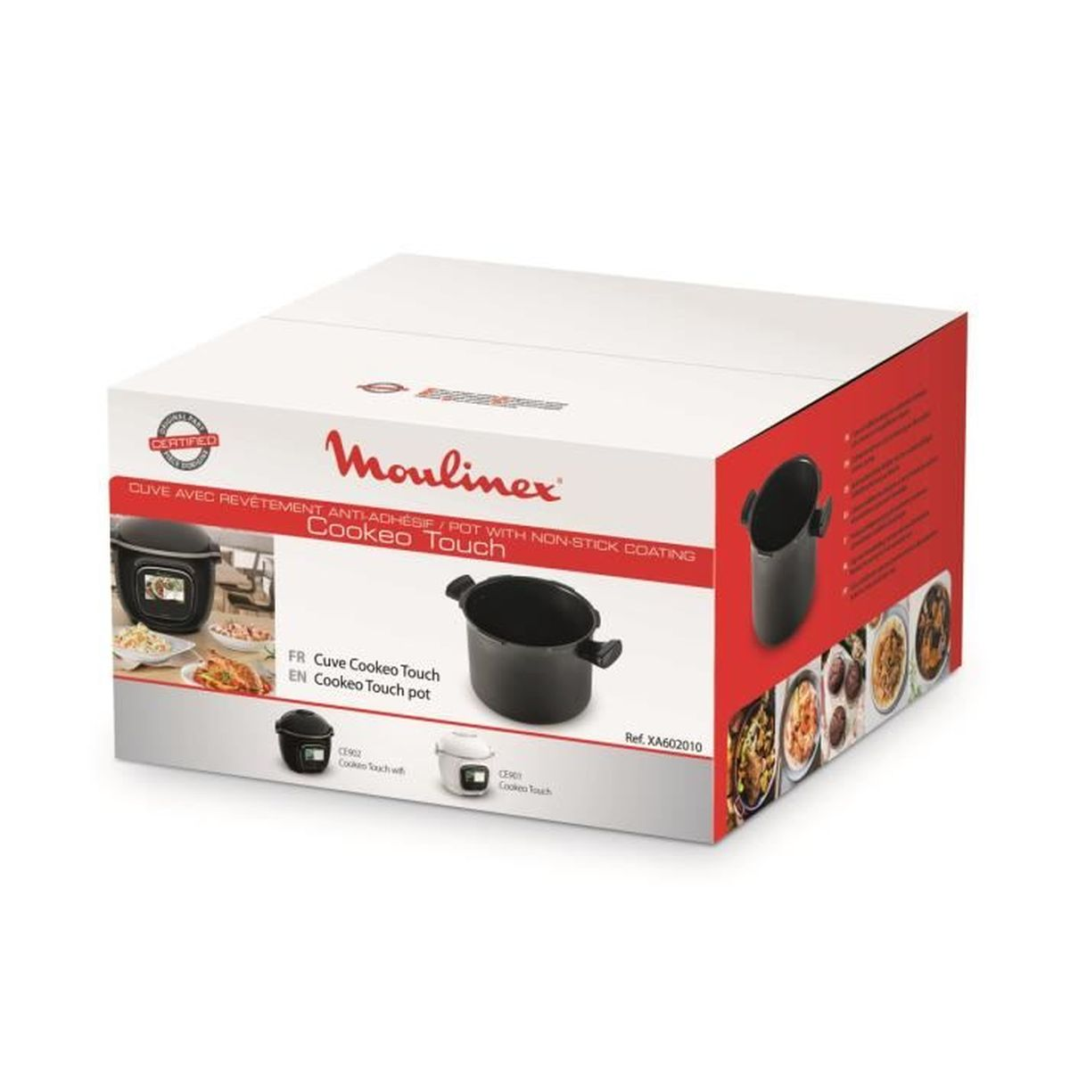 Eine Moulinex Cookeo Touch-Box. Sie zeigt einen schwarzen Topf, ein Bild von Essen und den Produktnamen. Die Box ist weiß und rot.