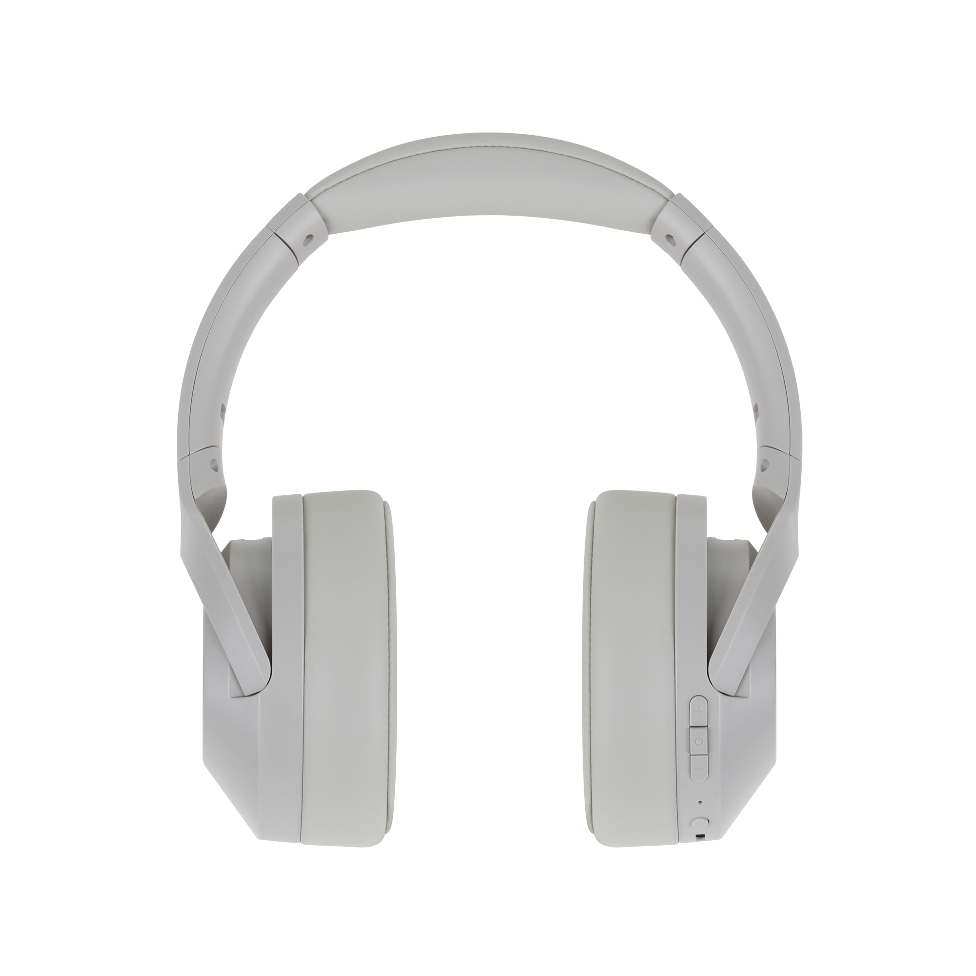 Para białych słuchawek nausznych, symetrycznych, umieszczonych na białym tle. Słuchawki są wyśrodkowane.