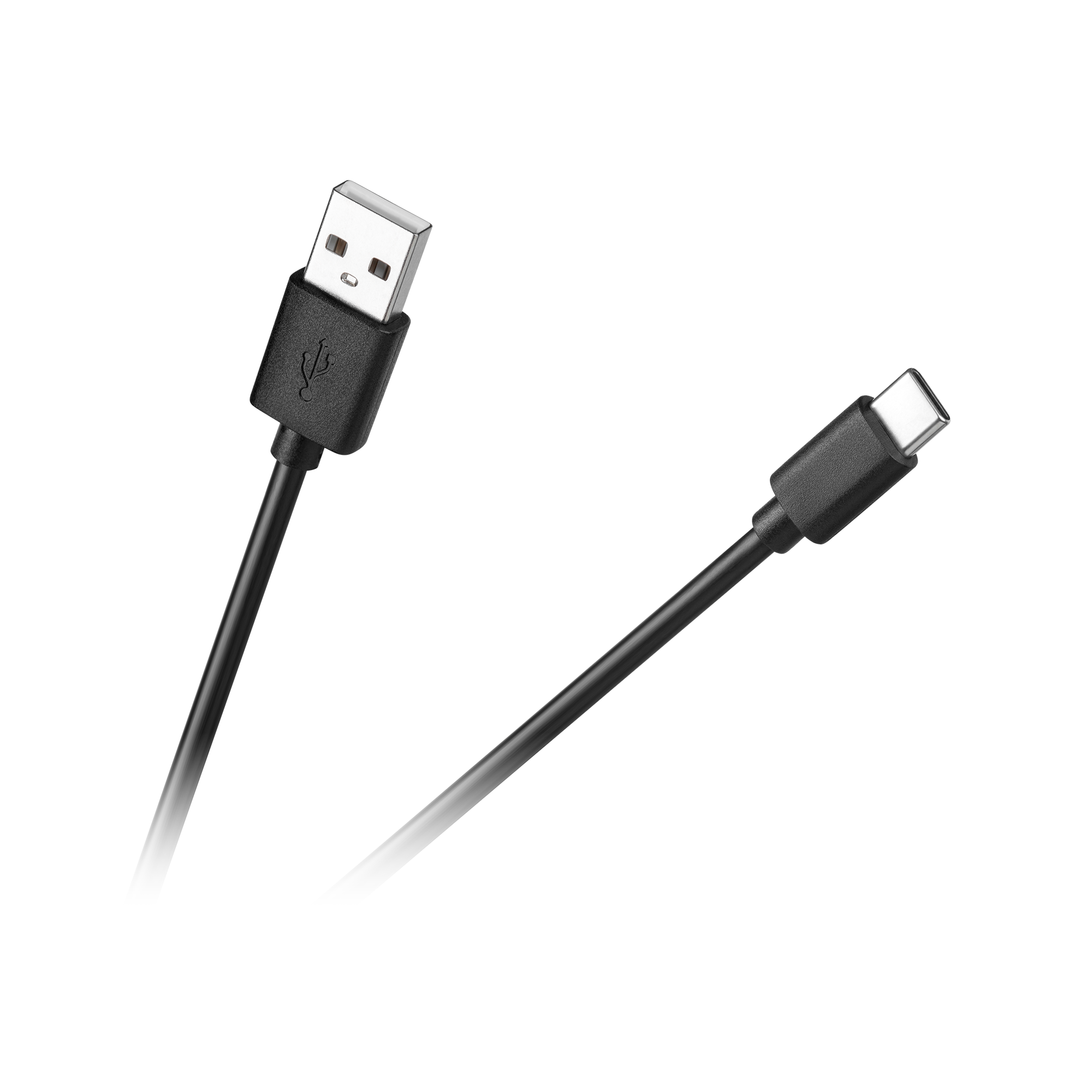 Czarny kabel USB ze złączem USB-A i złączem USB-C, na gradientowym tle.