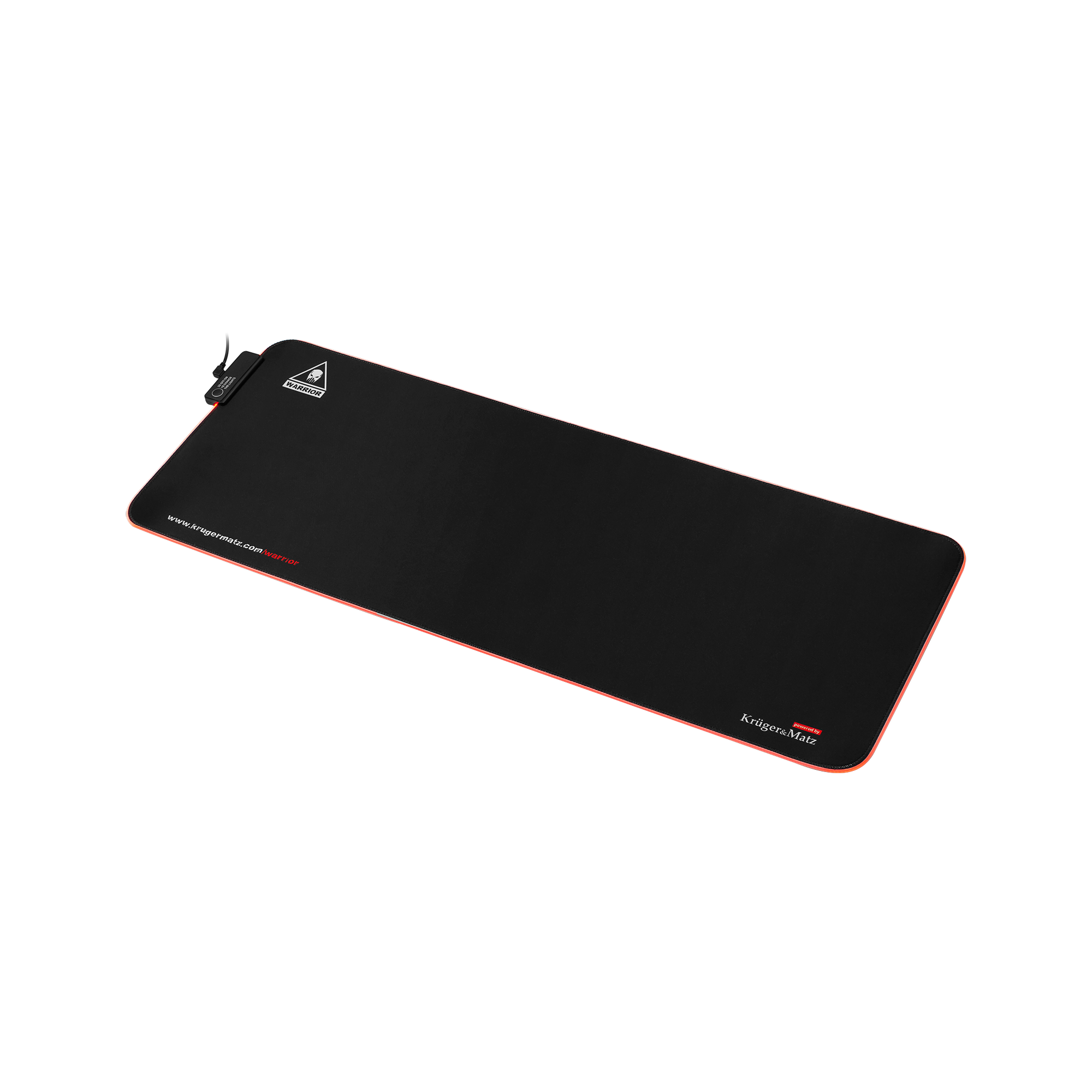 Czarna prostokątna podkładka pod mysz do gier z pomarańczową obwódką. Ma logo i nazwę marki.