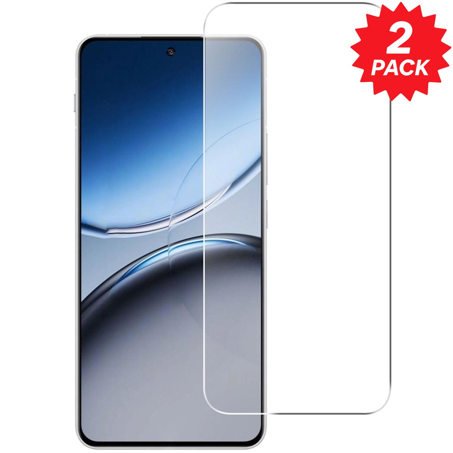 Uno smartphone con una protezione per lo schermo sovrapposta. Un grafico a stella rossa indica un pacco da 2.