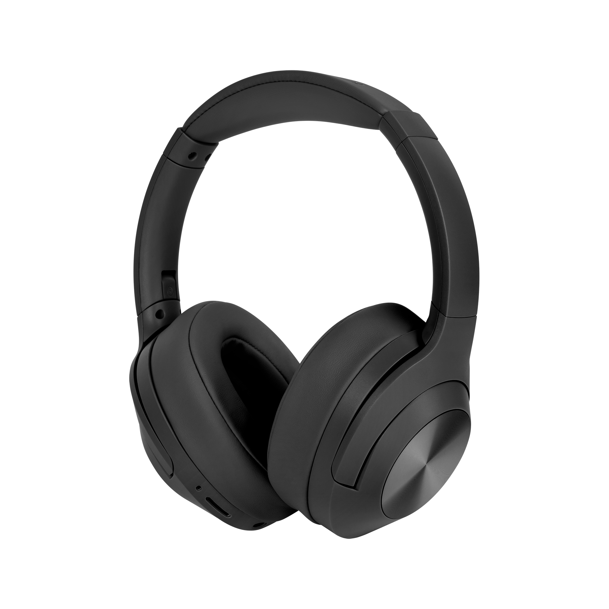 Czarne słuchawki nauszne. Nauszniki są duże i okrągłe. Pałąk jest zakrzywiony. Tło jest szare.