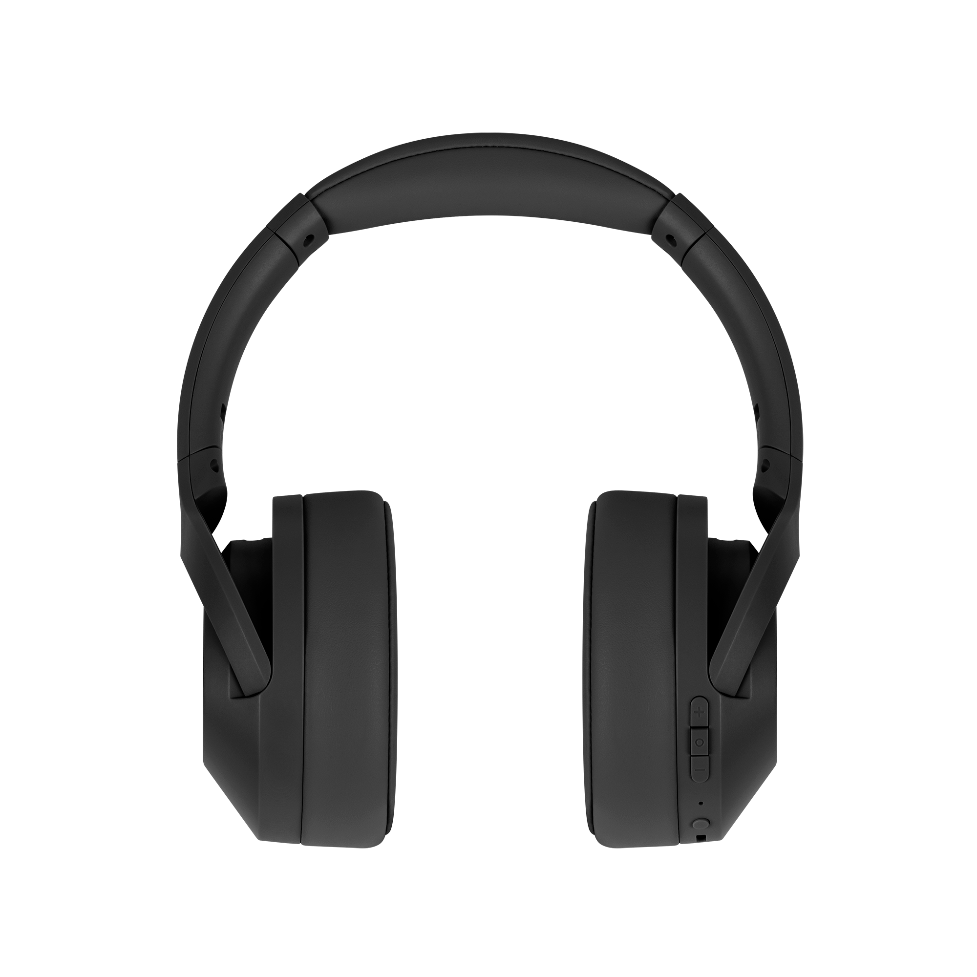 Czarne słuchawki nauszne. Muszle są prostokątne. Pałąk wygina się u góry. Przyciski na prawym nauszniku.