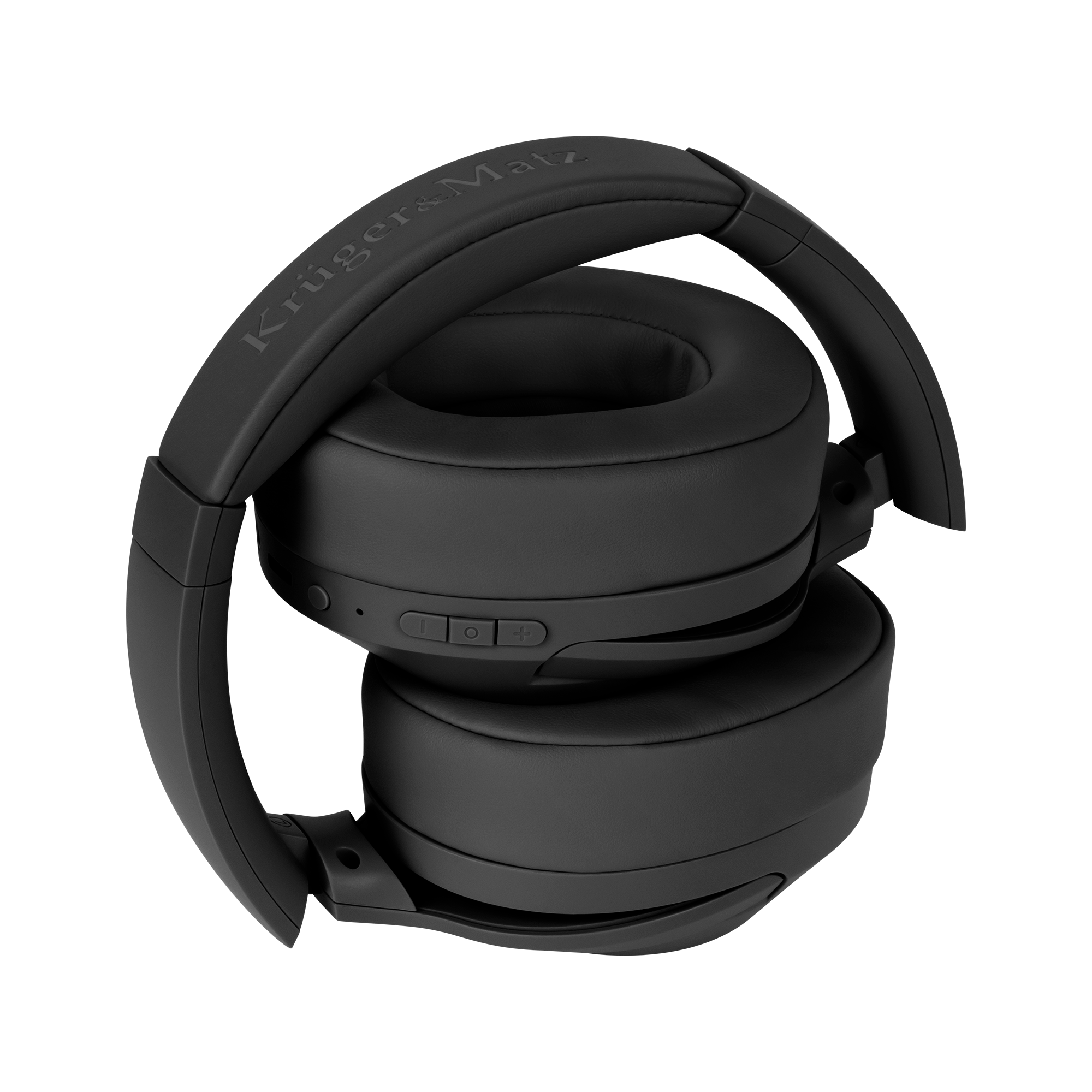 Czarne słuchawki Krüger&Matz, złożone. Widoczne nauszniki, pałąk z logo i przyciski. Tło to szary wzór.