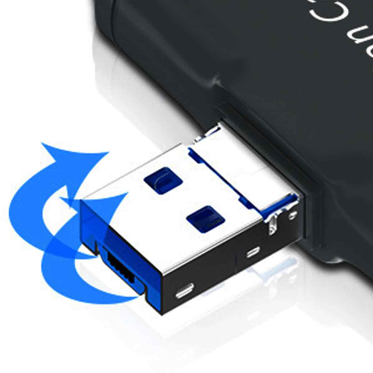 Ein USB-Stick mit weißem und silbernem Stecker, blauen Akzenten und einem dunkelgrauen Gehäuse. Blaue Pfeile zeigen die Drehung an.