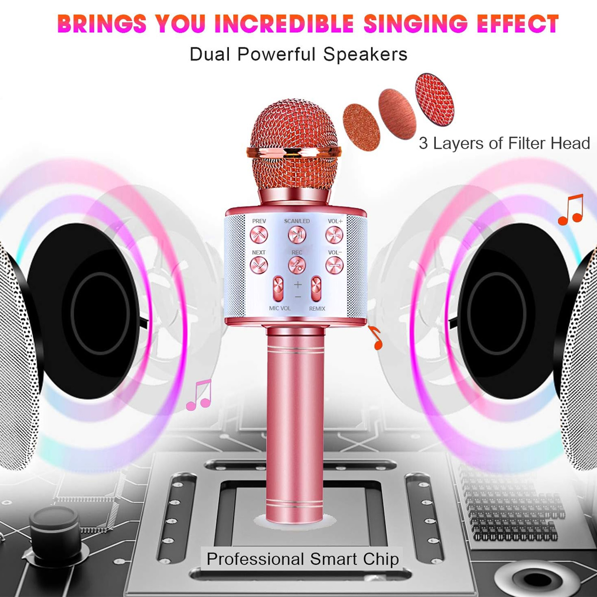 Ein rosa Mikrofon mit Mesh-Kopf, Knöpfen und einem Ständer, vor einem Hintergrund mit Lautsprechern und Text: Dual Powerful Speakers.