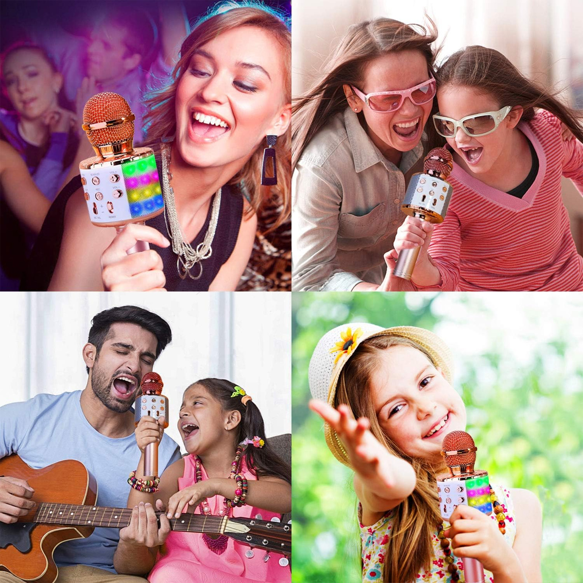 Vier Bilder zeigen Menschen, die mit Mikrofonen singen. Menschen unterschiedlichen Alters sind zu sehen, zusammen mit Gitarren und bunten Lichtern.