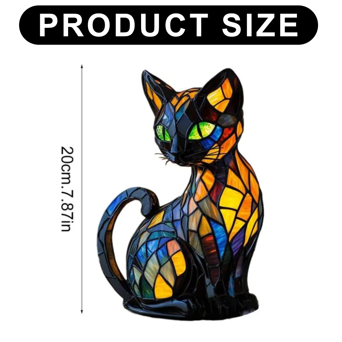 Eine Buntglas-Katzenfigur mit schwarzem Körper, grünen Augen und einem bunten Muster, darüber 'PRODUKTGRÖSSE', 20 cm hoch.