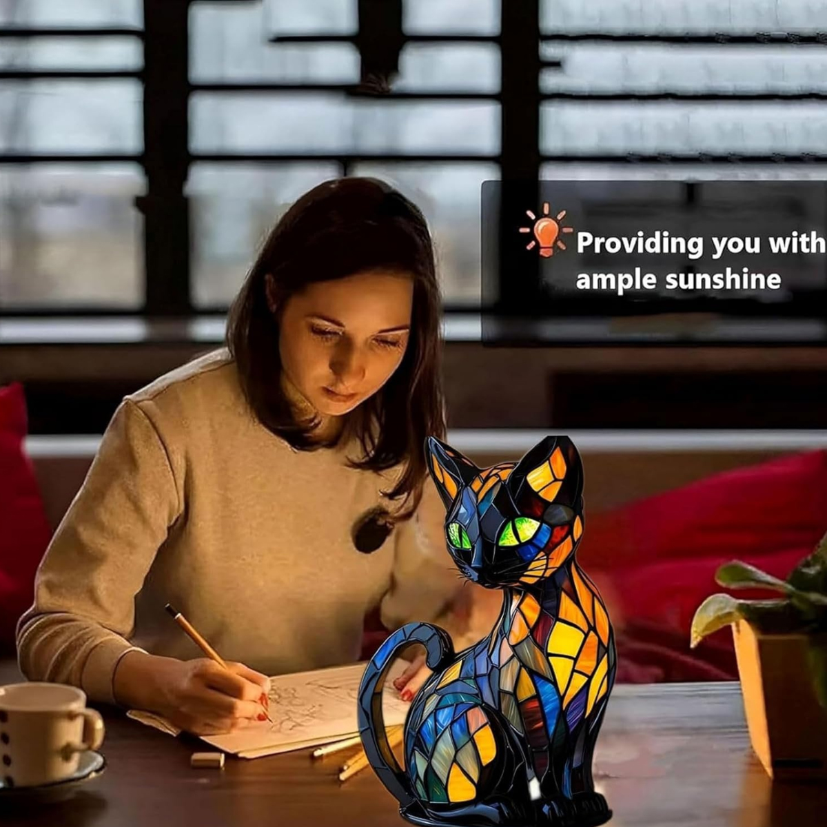 Frau zeichnet im Licht einer Glasmalerei-Katzenlampe. Auf dem Tisch stehen eine Kaffeetasse, ein rotes Kissen und eine Pflanze.