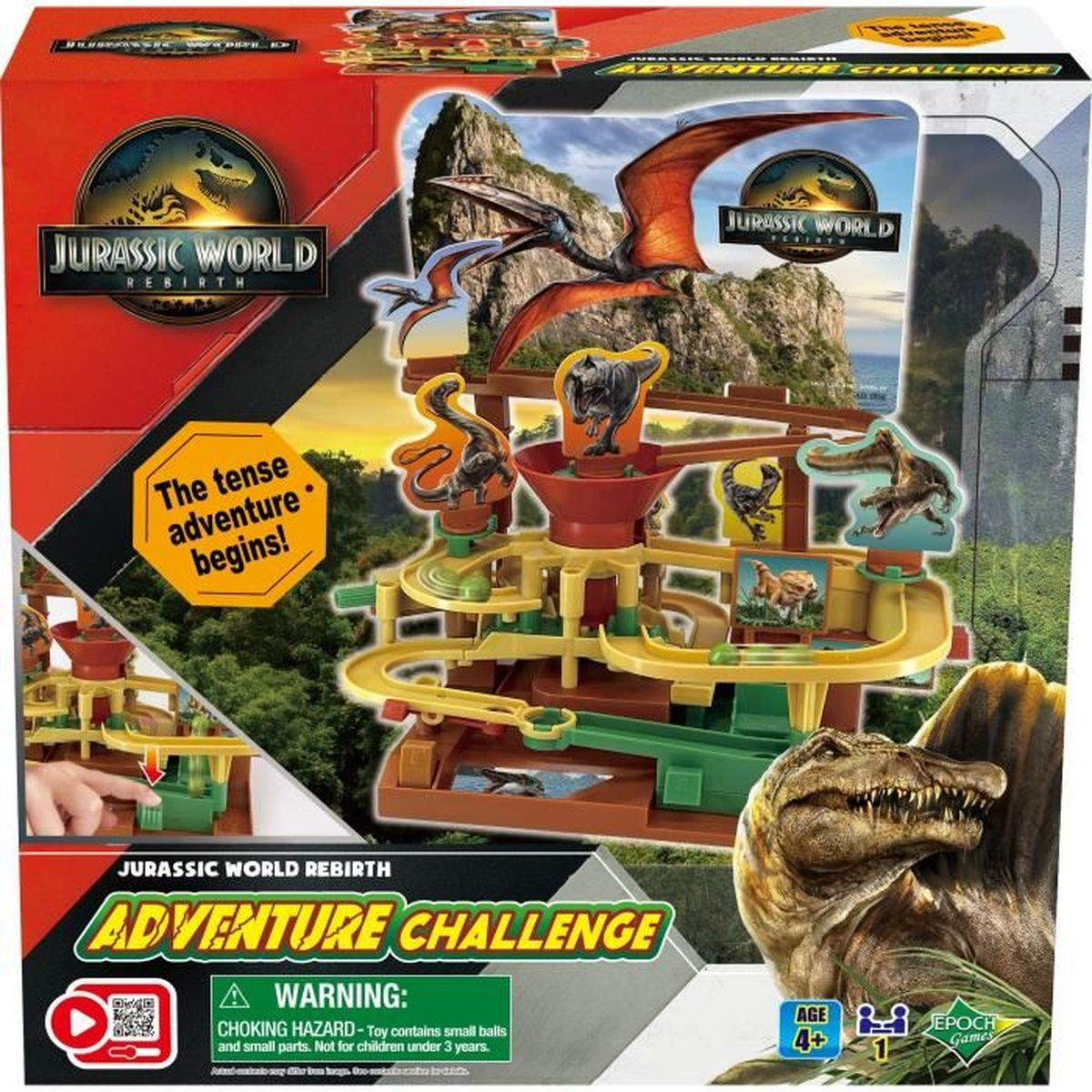Un set di giochi Jurassic World Adventure Challenge. Mostra un set di giocattoli di dinosauri con uno Spinosauro, uno pterodattilo e una pista.