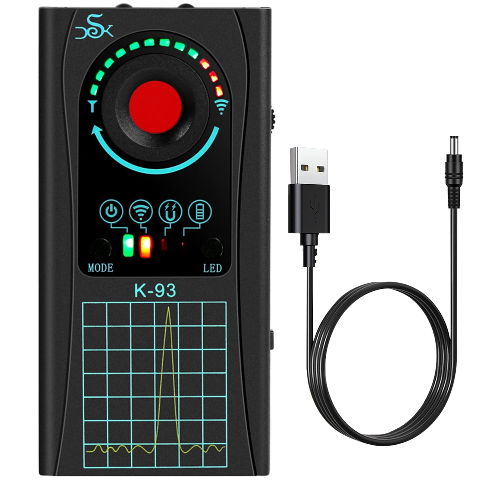 Schwarzes K-93-Gerät mit LED-Anzeigen, roter Mitte und Rasteranzeige. Ein USB-Kabel und ein Netzkabel sind angeschlossen.