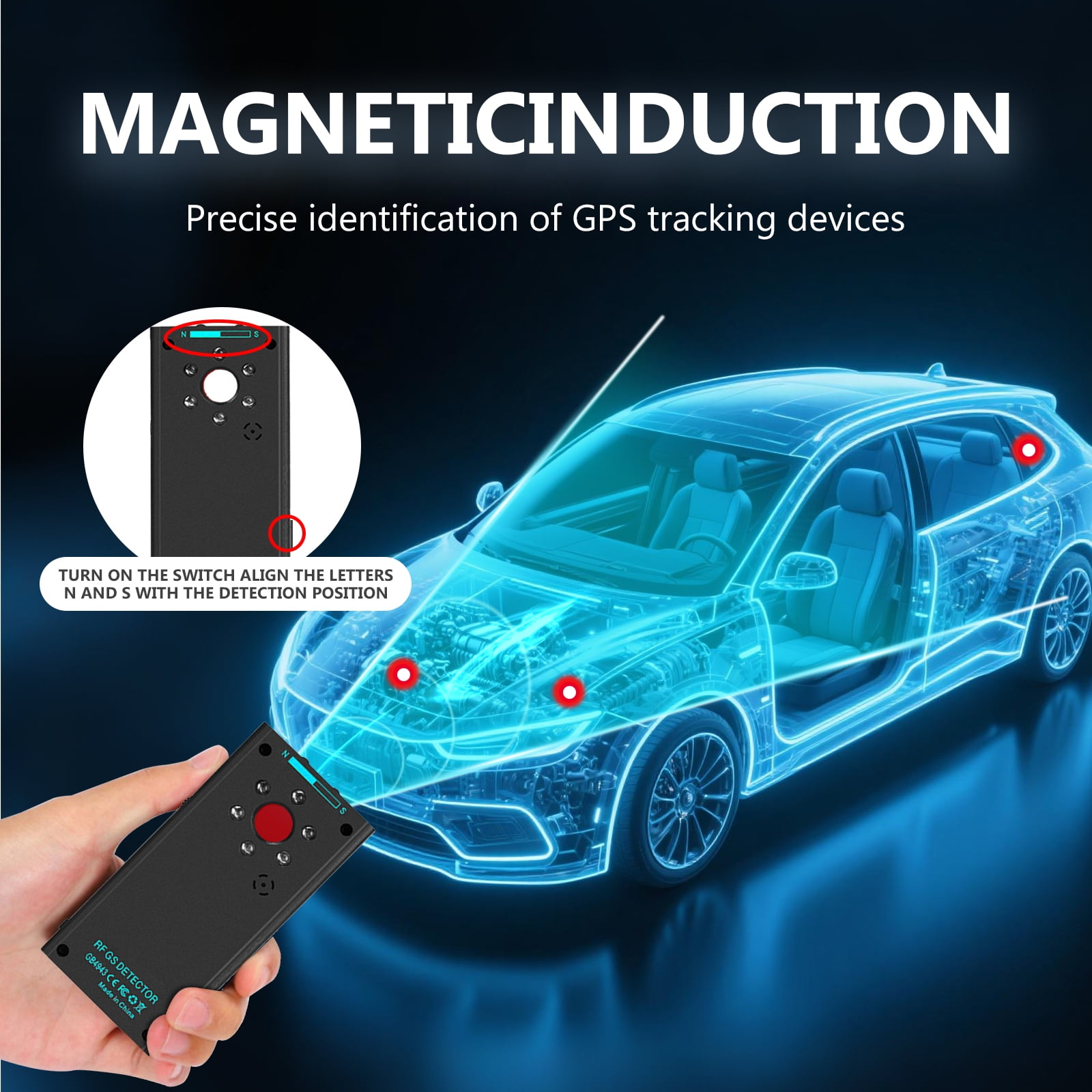 Eine Hand hält einen Detektor, ein Auto-Umriss zeigt GPS-Erkennungspunkte. Text: Magnetische Induktion, präzise GPS-Identifizierung.