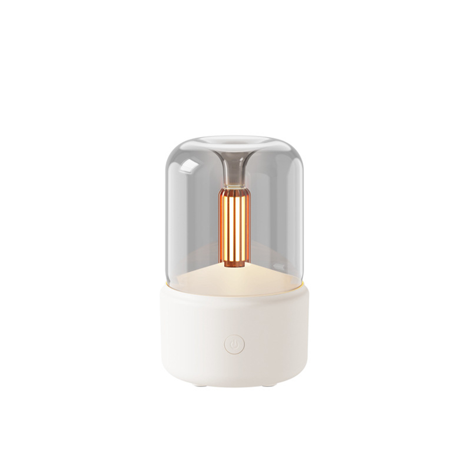Eine weiße und transparente Lampe. Sie hat eine zylindrische Glasabdeckung über einer Lichtquelle. Der Sockel ist weiß mit einem Ein-Aus-Knopf.