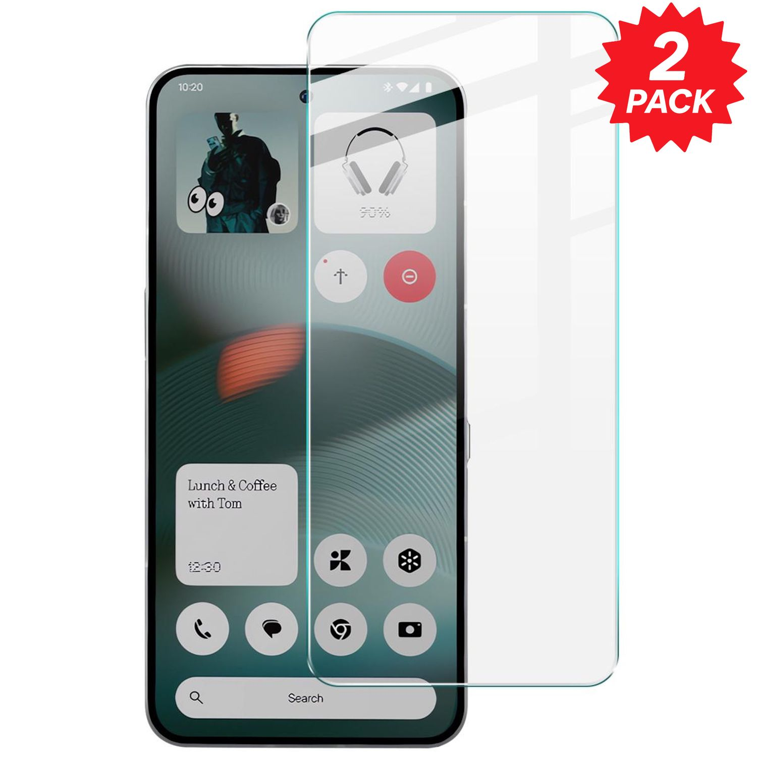 Uno smartphone con protezione schermo. Lo schermo mostra l'ora, i widget e le icone delle app. Un adesivo '2 PACK' sullo sfondo.
