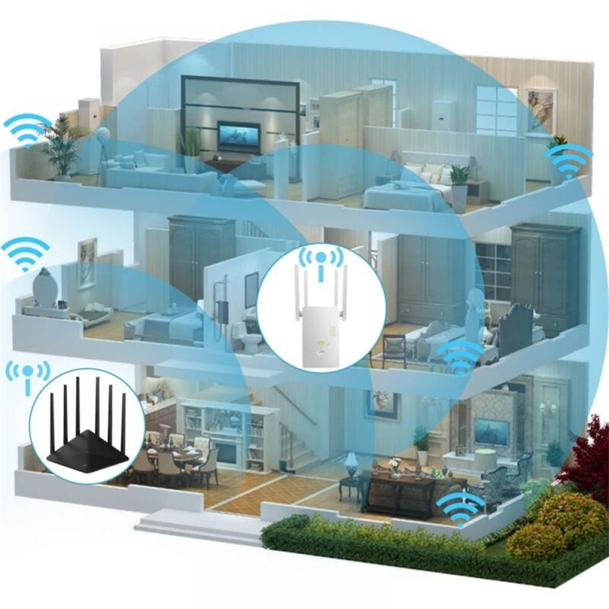 Diagramm eines Hauses mit WLAN-Abdeckung. Das WLAN-Signal wird durch blaue Bögen dargestellt. Router sind im Erdgeschoss und im ersten Stock zu sehen.