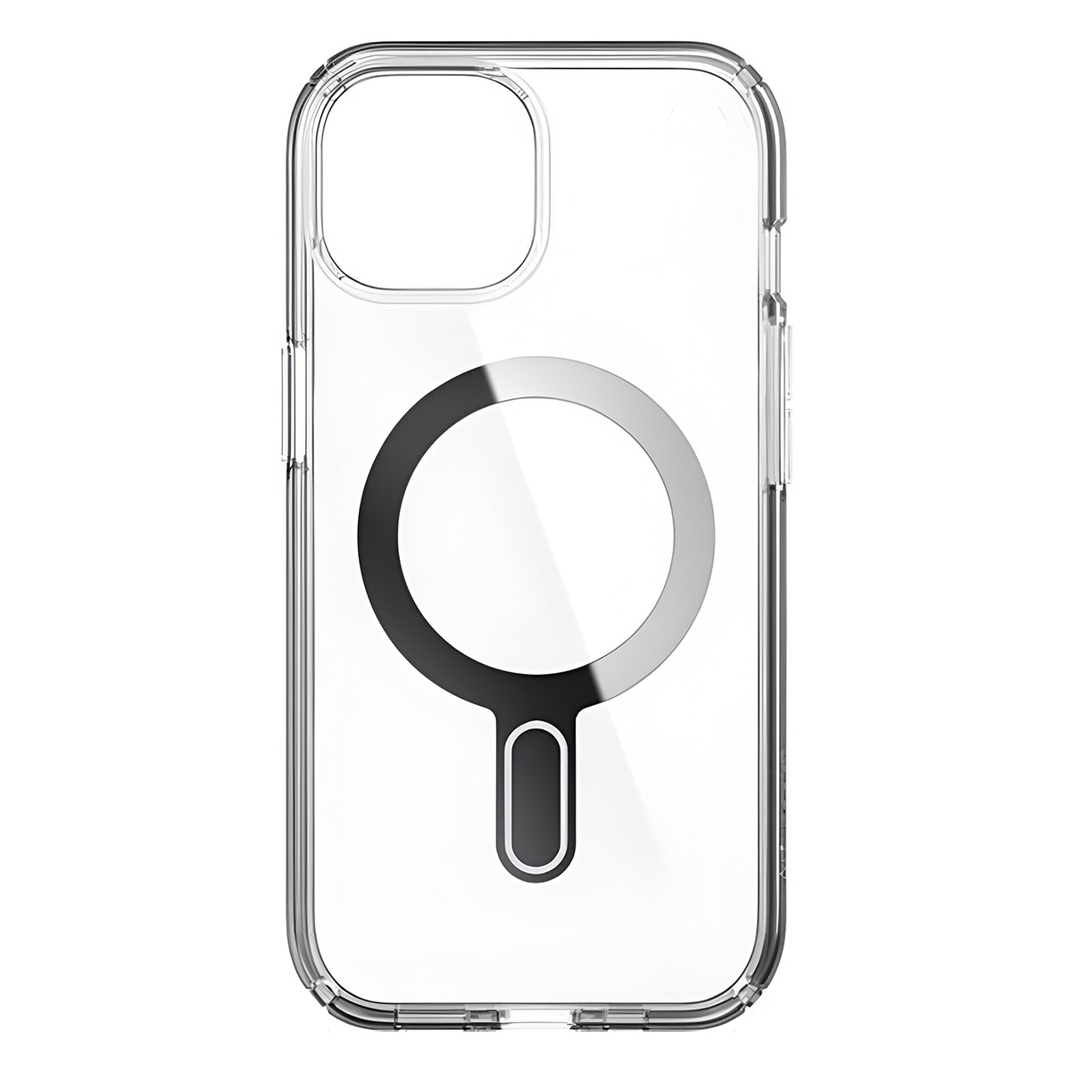 Custodia trasparente per telefono con anello MagSafe nero. La custodia ha un ritaglio per la fotocamera. Lo sfondo è bianco.
