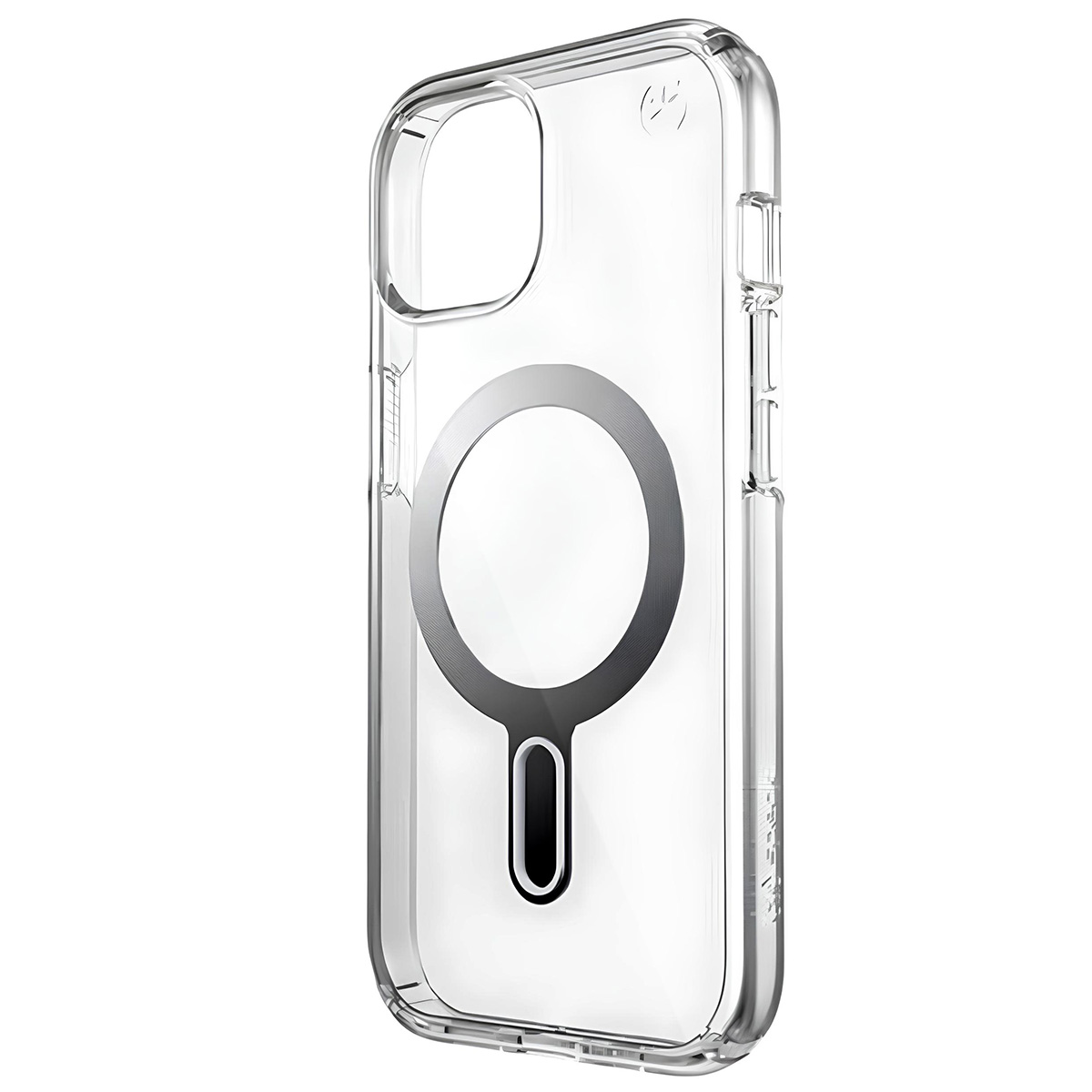 Una custodia trasparente per iPhone con anello MagSafe. È trasparente con un anello grigio e un dettaglio nero inferiore.